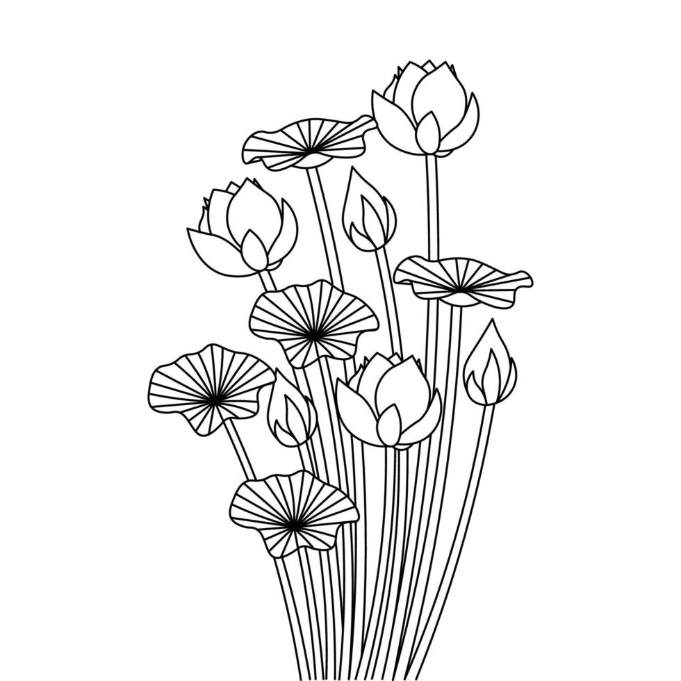 desenho de linha contínua de flor de lótus página de livro para colorir de design gráfico detalhado vetor