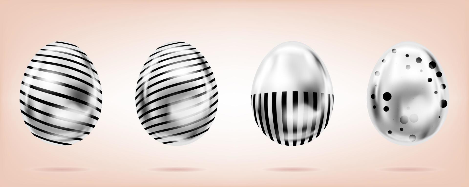 quatro ovos de prata no fundo rosa. objetos isolados para decoração de páscoa. pontos e listras ornamentado vetor