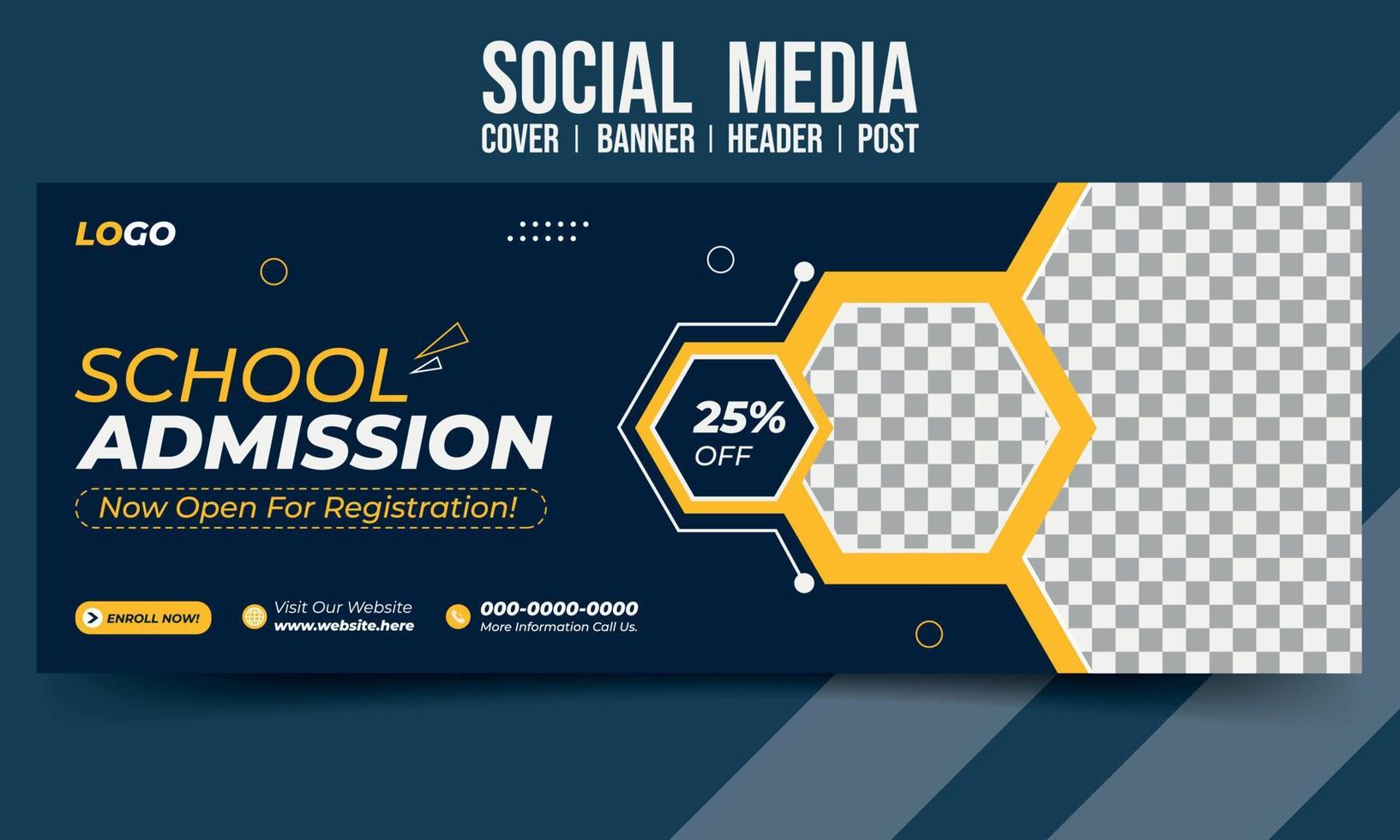 modelo de vetor de postagem de cabeçalho de banner de capa de mídia social de admissão escolar