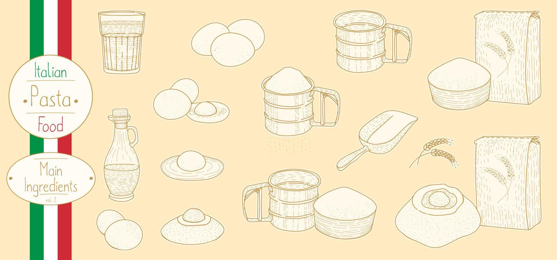 ingredientes principais de massas para cozinhar comida italiana, esboçar ilustração em estilo vintage vetor