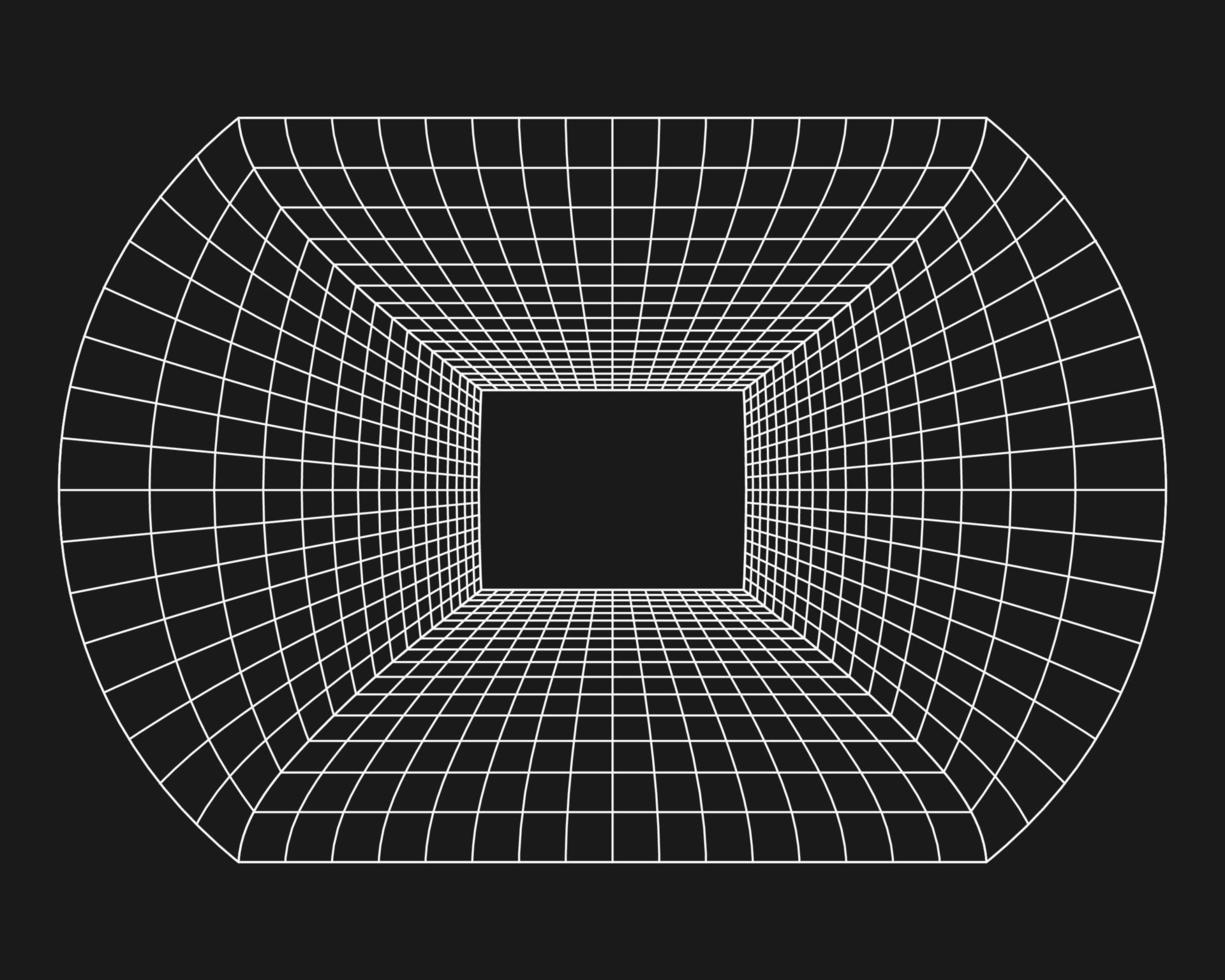 grade cibernética, túnel retangular de perspectiva retro punk. geometria do túnel de grade em fundo preto. ilustração vetorial. vetor