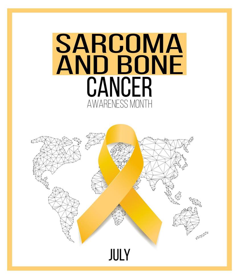 conceito de mês de conscientização de câncer de sarcoma. modelo de banner com fita amarela, texto e mapa do mundo. ilustração vetorial. vetor