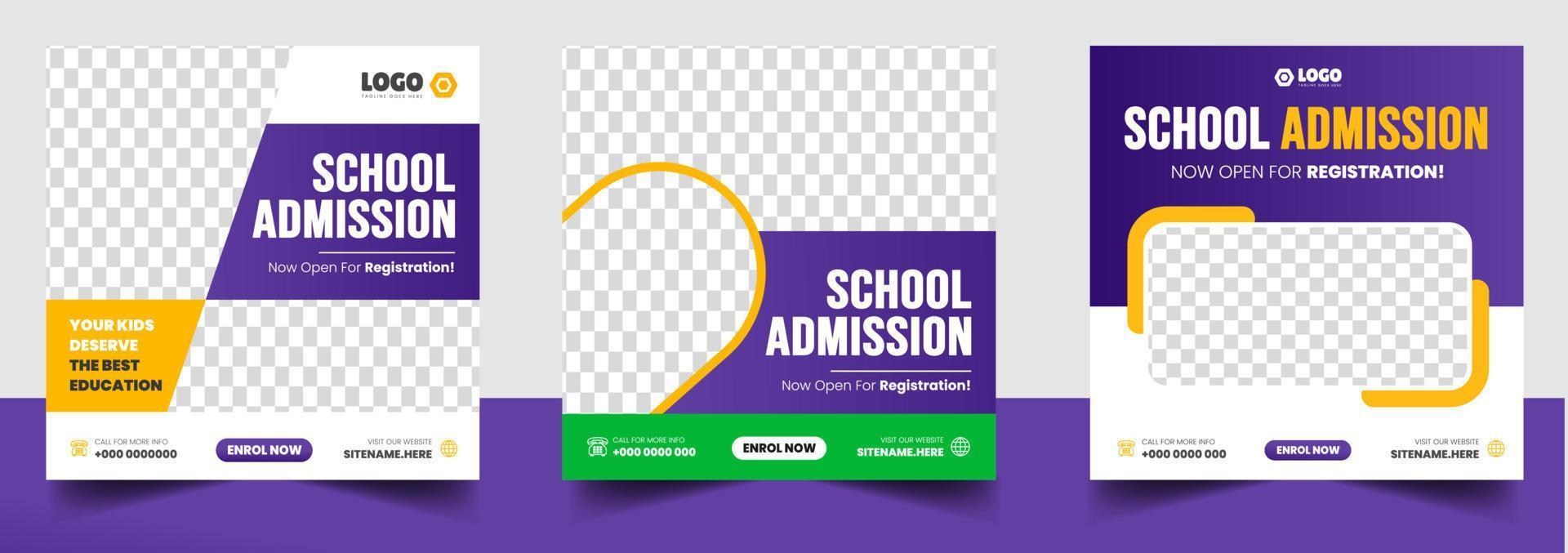 design de banner de postagem de mídia social de admissão escolar. volta para a escola mídia social post conjunto de design de banner. de volta ao banner de promoção de admissão escolar. modelo de admissão escolar para anúncio de mídia social. vetor