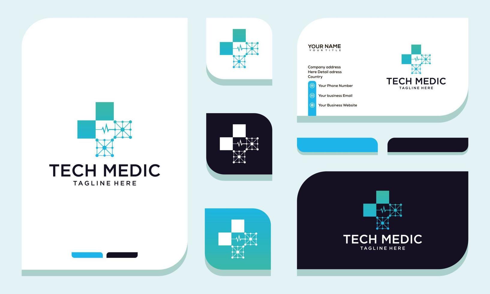 modelo de design de logotipo de médico digital, design de logotipo de saúde e cartão de visita vetor