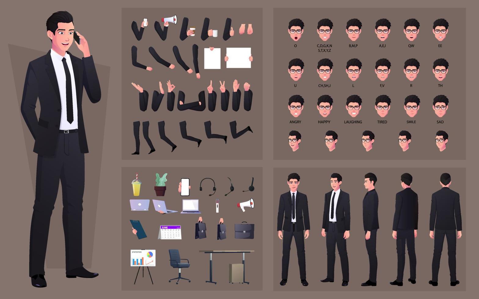 construtor de personagens com homem de negócios vestindo terno preto. gestos com as mãos, emoções, sincronização labial e alguns itens de escritório vetor