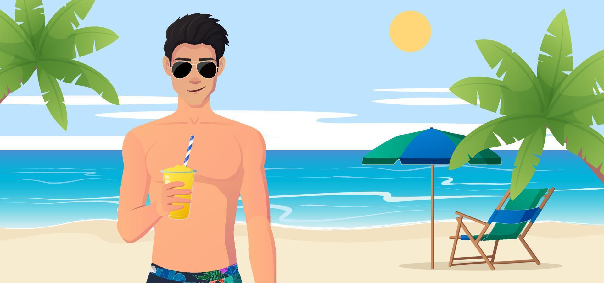 homem usando óculos escuros na praia e bebendo coquetel com ilustração vetorial de palmeira vetor