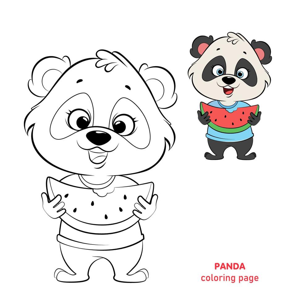 panda fofo comendo melancia, página para colorir vetor
