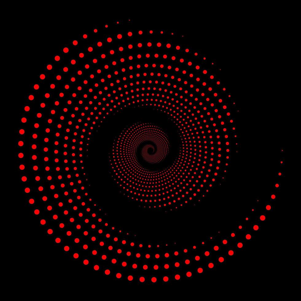 quadro pontilhado circular de meio-tom. círculo pontos vermelhos isolados no fundo preto. elemento de design de logotipo para médico, tratamento, cosmético. borda redonda usando textura de pontos de círculo de meio-tom. ilusão de óptica. vetor