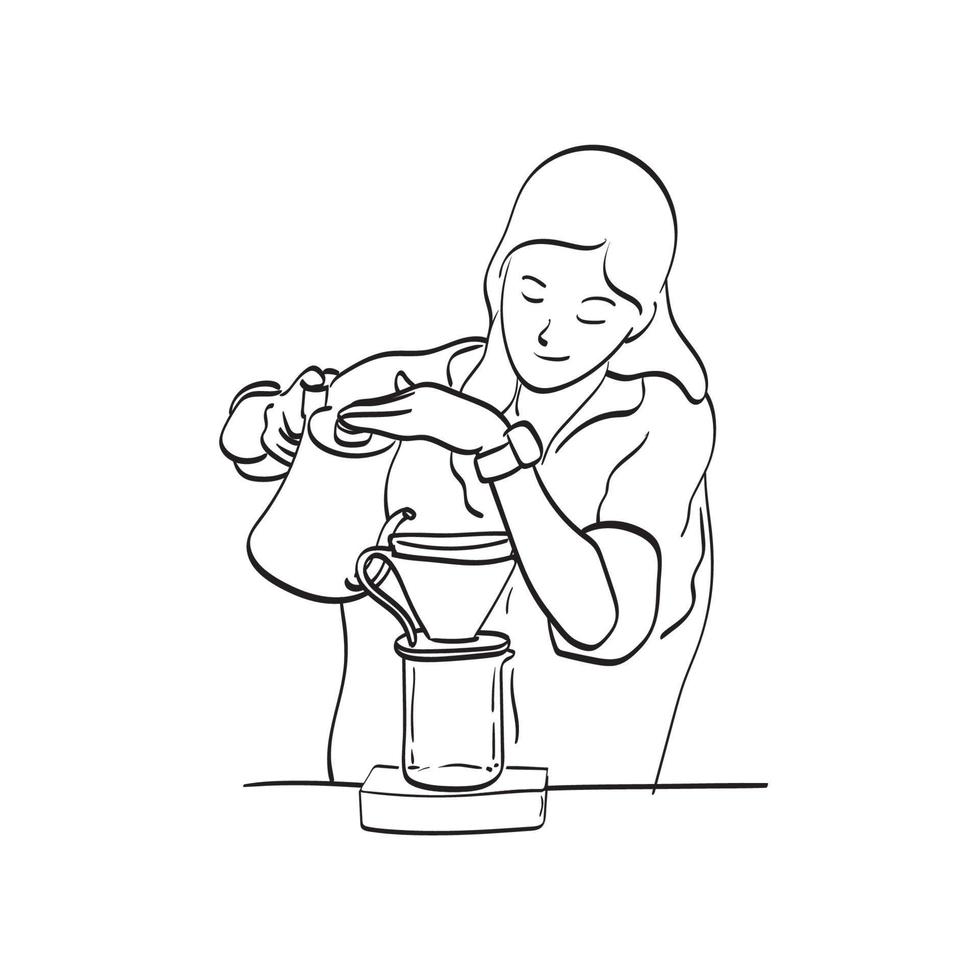 barista feminino derramando água quente de jarra clássica para café arábica em ilustração vetorial de filtro desenhada à mão isolada na arte de linha de fundo branco. vetor