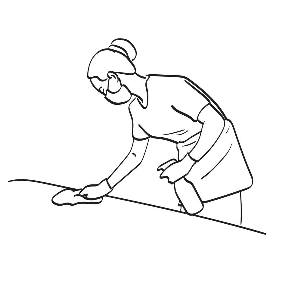 governanta feminina com máscara facial e luvas limpando a casa na ilustração do quarto vetorial desenhada à mão isolada na arte da linha de fundo branco. vetor