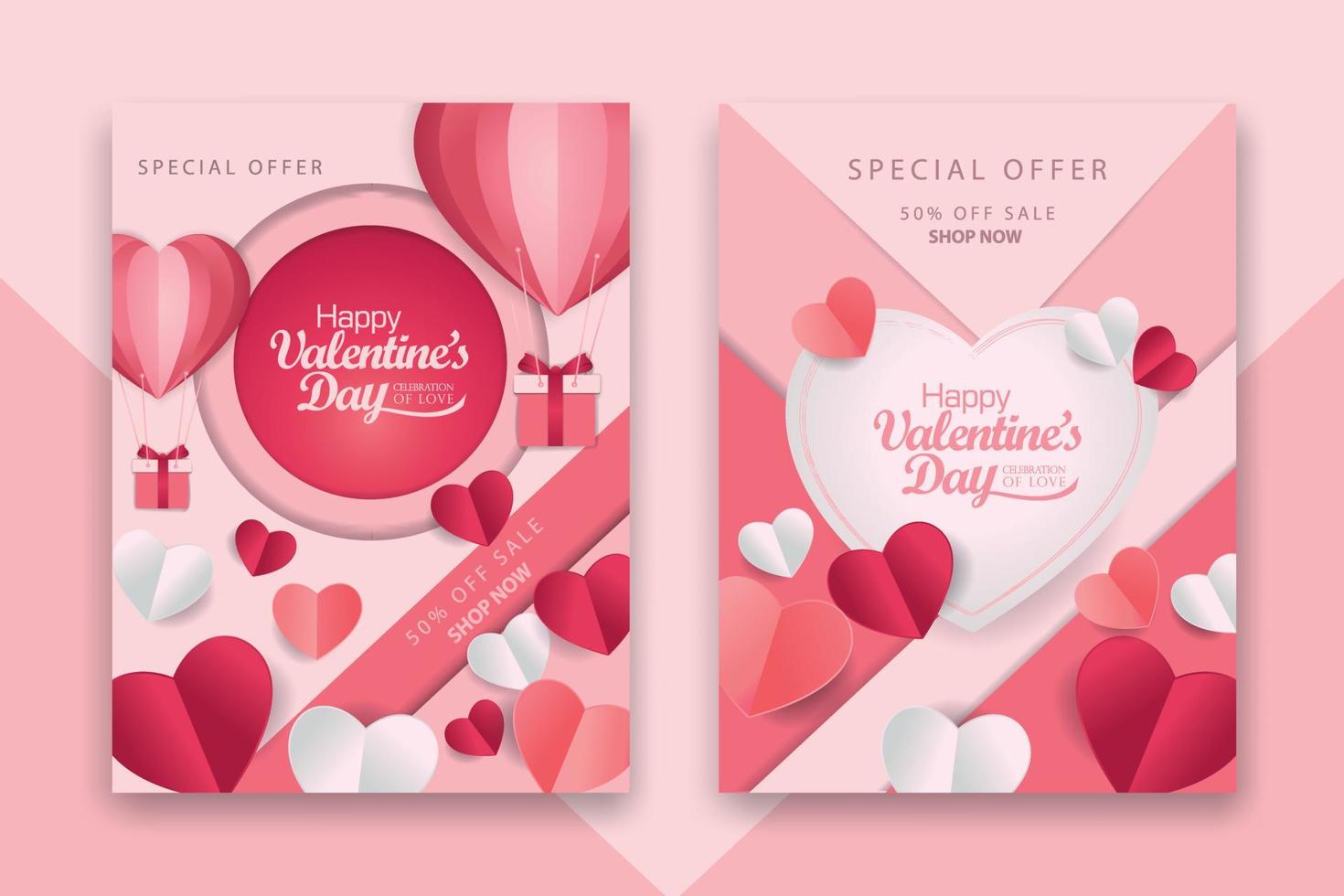 cartazes de conceito de dia dos namorados conjunto com corações de papel vermelho 3d e rosa e moldura em fundo geométrico. banners de venda de amor bonito ou cartões vetor