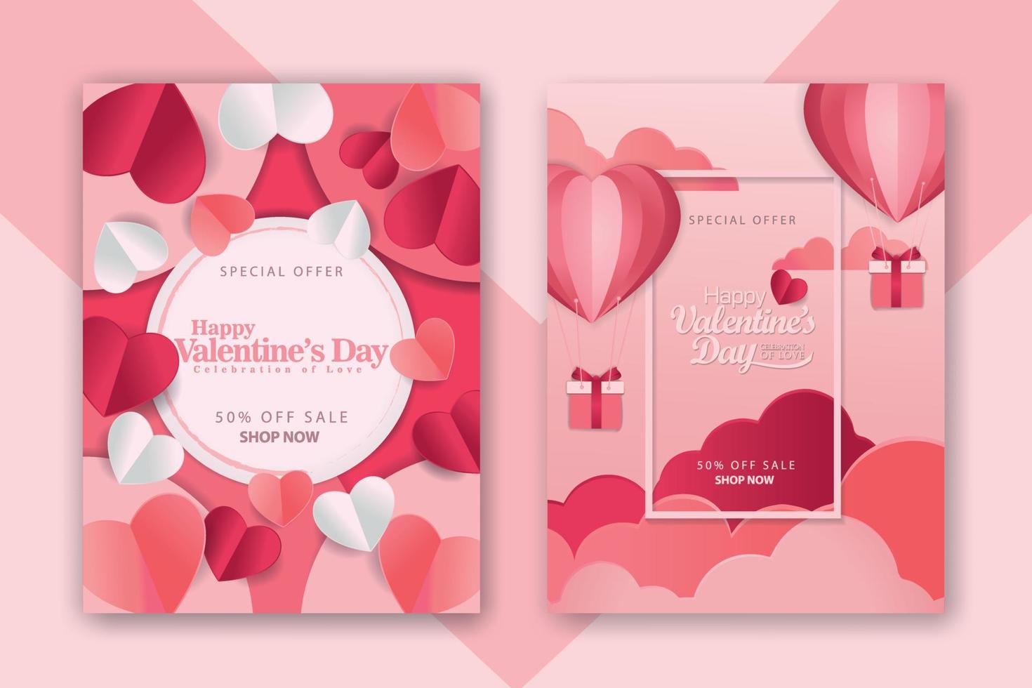 cartazes de conceito de dia dos namorados conjunto com corações de papel vermelho 3d e rosa e moldura em fundo geométrico. banners de venda de amor bonito ou cartões vetor