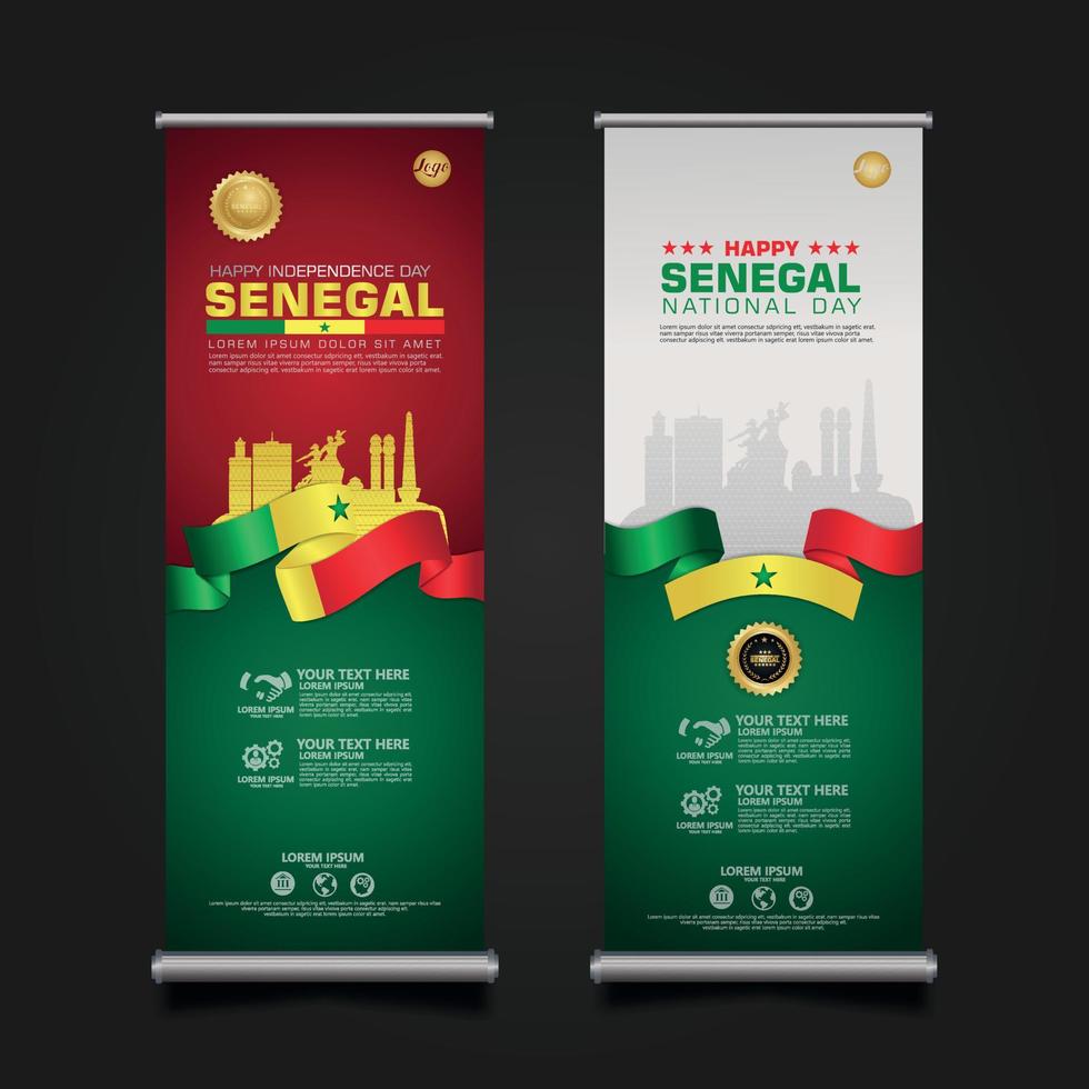 definir promoções de banner roll up modelo de plano de fundo do dia da república feliz do senegal vetor