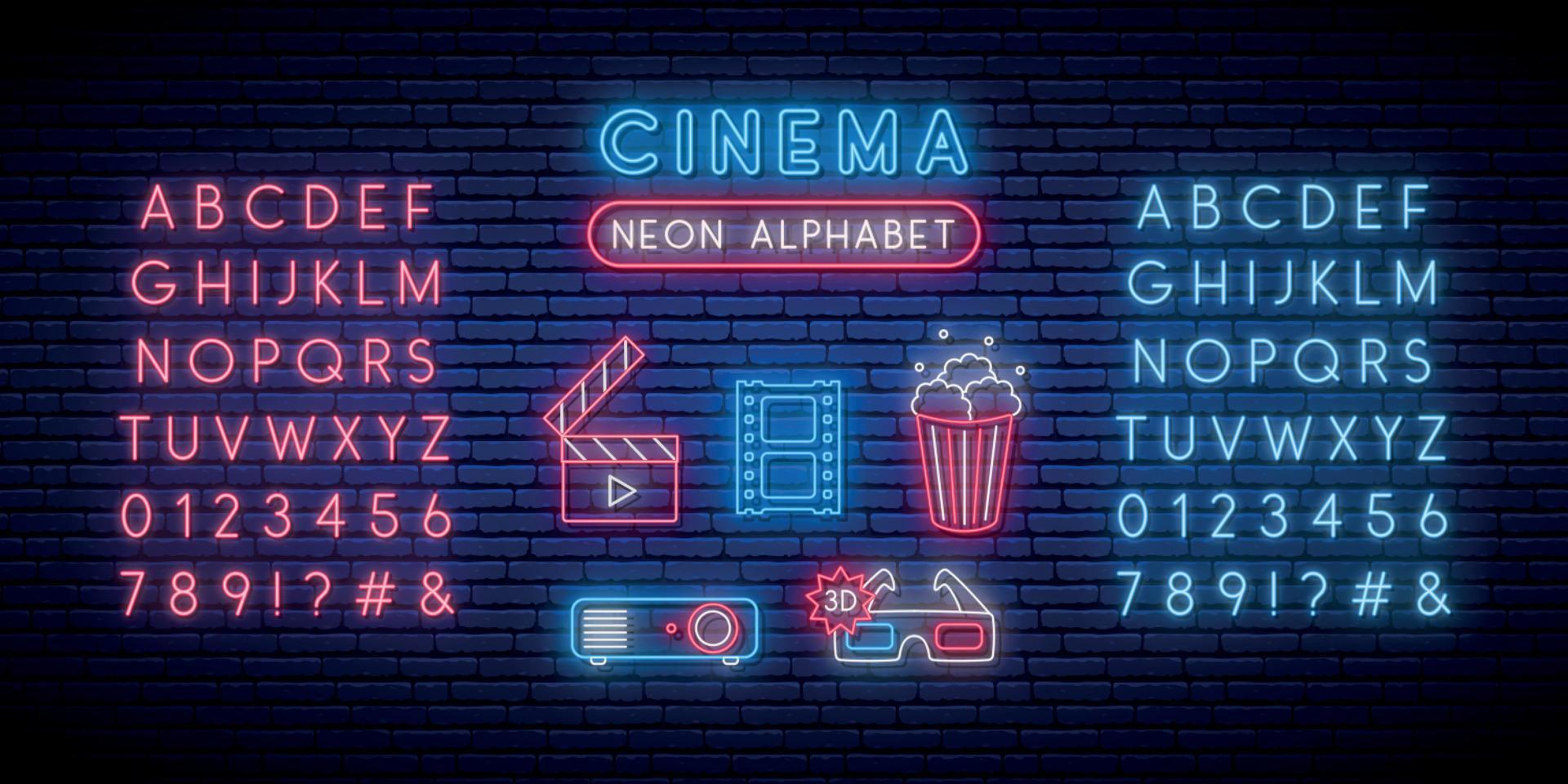 conjunto de sinais de néon de cinema e alfabeto. vetor