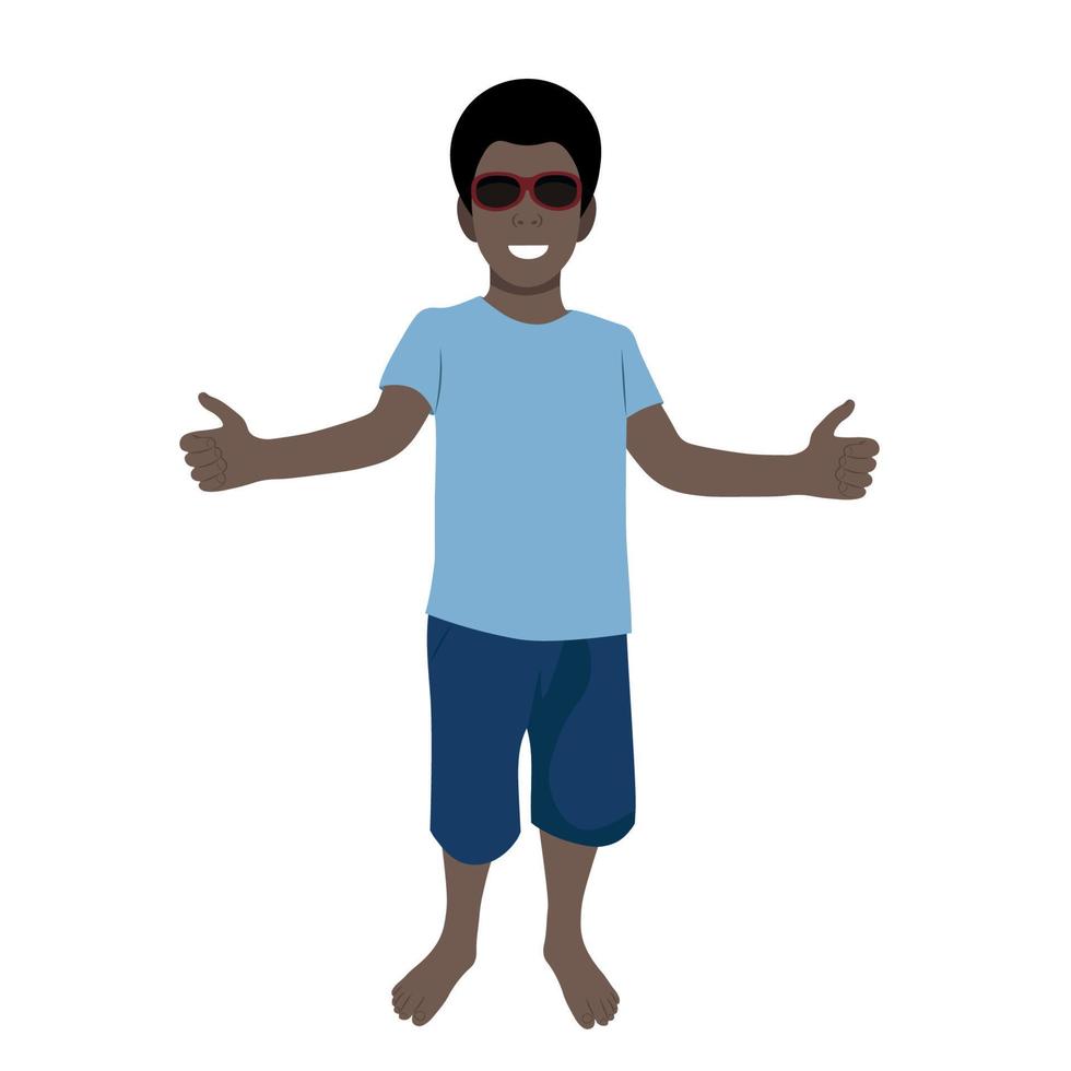 menino negro descalço em óculos de sol, vetor plano sobre fundo branco, polegar para cima gesto