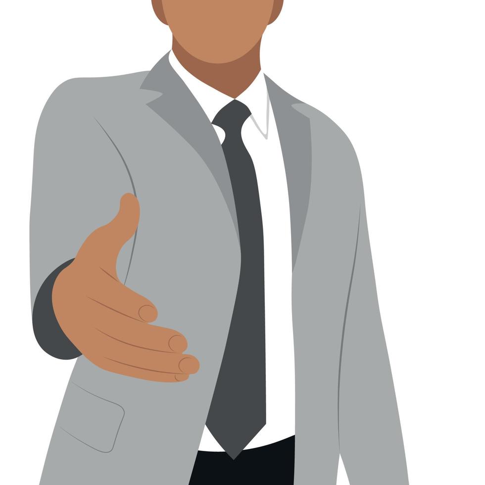 retrato de um cara indiano em um terno de negócios que estende a mão, vetor plano, isolado em um fundo branco, mão amiga, sem rosto
