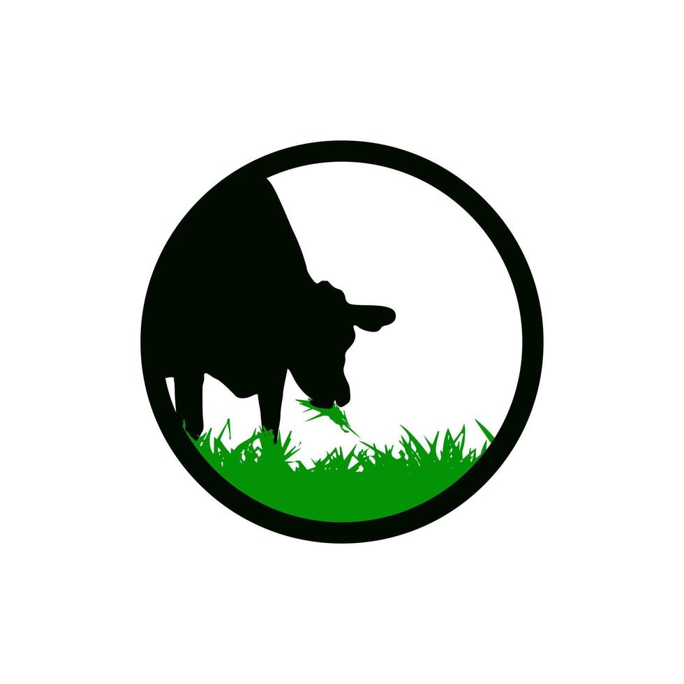 logotipo da fazenda de gado. vaca comendo ícone de grama verde. ilustração em vetor silhueta.