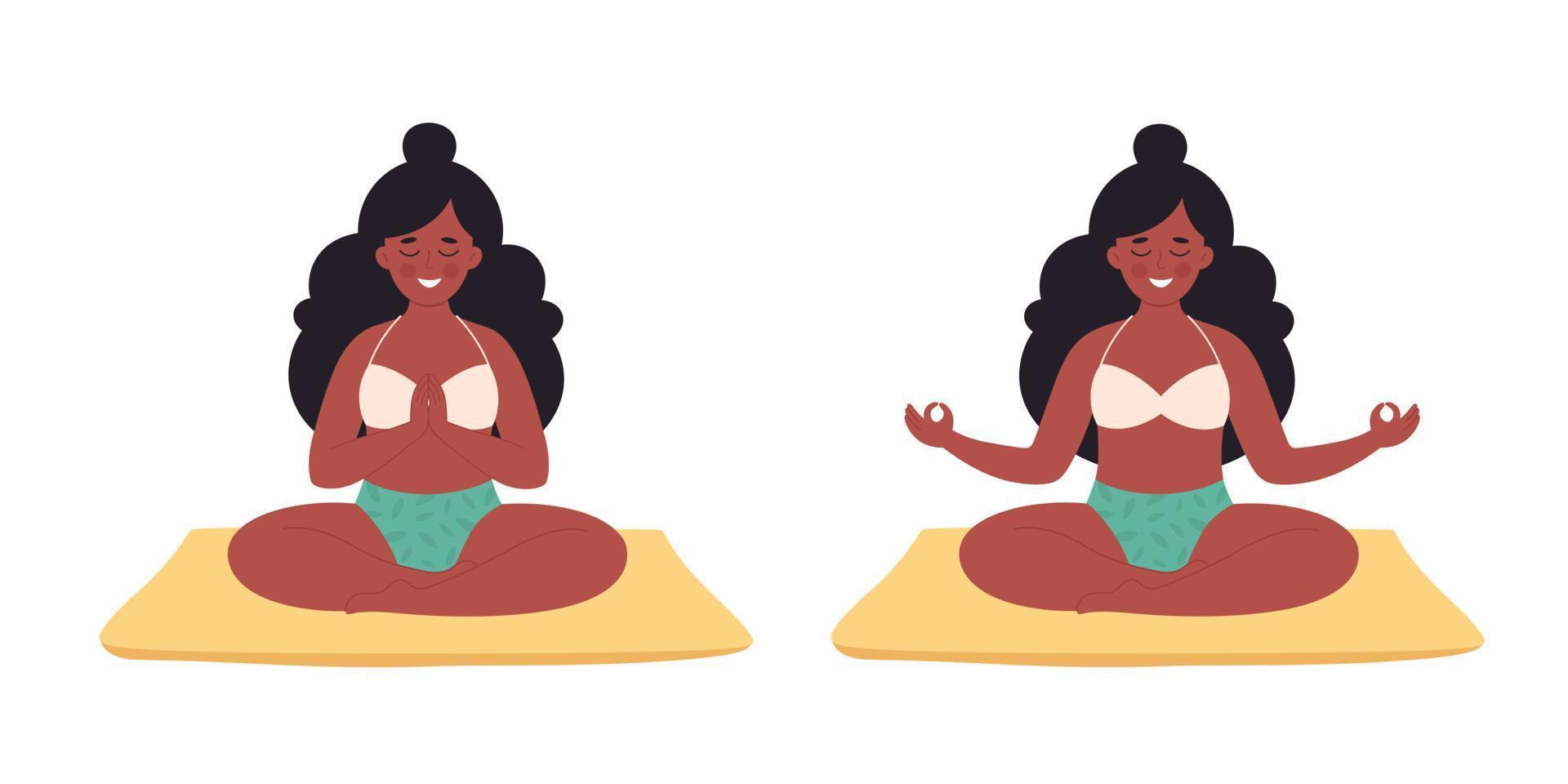 mulher negra meditando em pose de lótus no tapete de ioga. estilo de vida saudável, ioga, relaxe, exercícios respiratórios. vetor