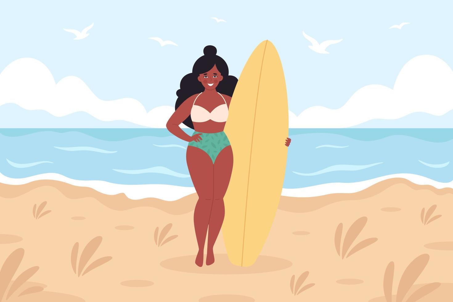 mulher negra com prancha de surf na praia. atividade de verão, verão, surf. Olá verão. férias de verão vetor