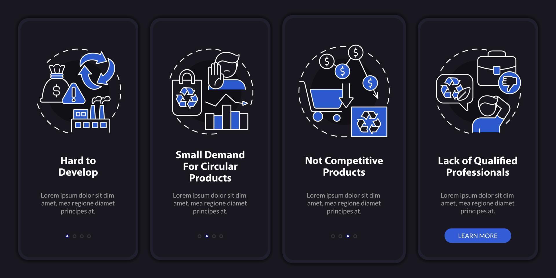 economia circular prejudica a tela do aplicativo móvel de integração do modo noturno. passo a passo 4 passos páginas de instruções gráficas com conceitos lineares. ui, ux, modelo de gui. vetor