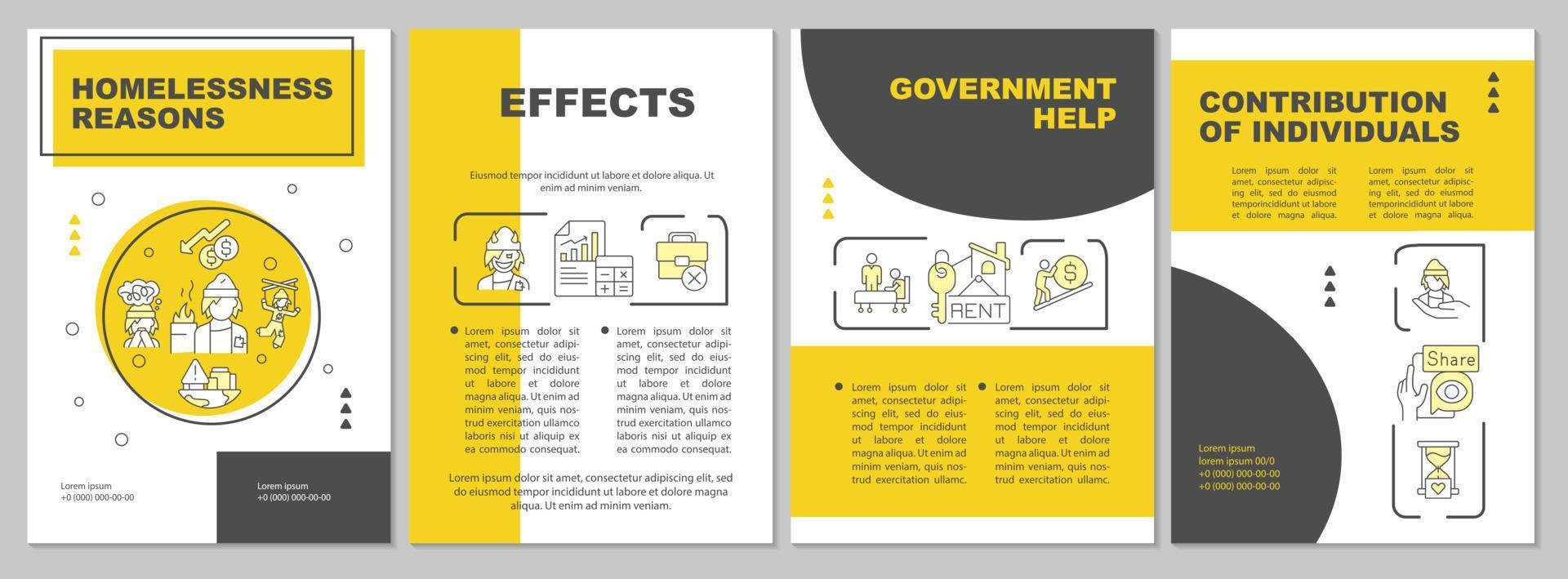 lutas do modelo de folheto amarelo sem-abrigo. ajuda do governo. design de folheto com ícones lineares. 4 layouts vetoriais para apresentação, relatórios anuais. vetor