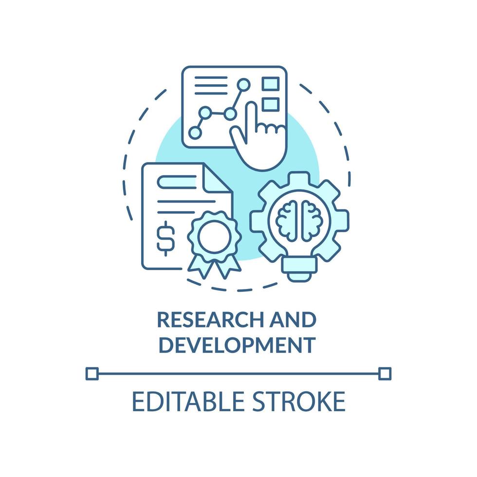 ícone do conceito turquesa de pesquisa e desenvolvimento. programa de ajuda para empreendedores idéia abstrata ilustração de linha fina. desenho de contorno isolado. traço editável. vetor