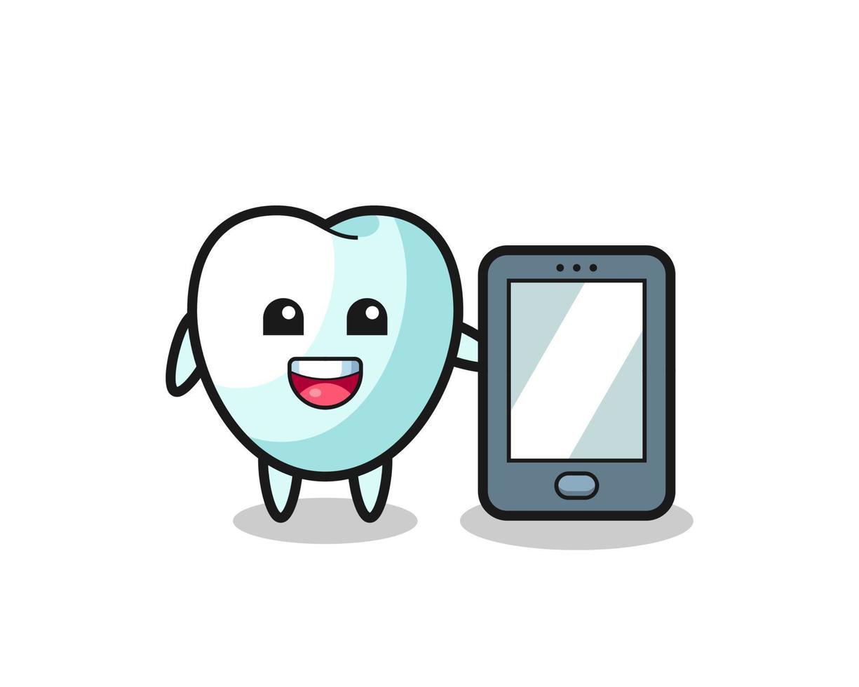 desenho de ilustração de dente segurando um smartphone vetor