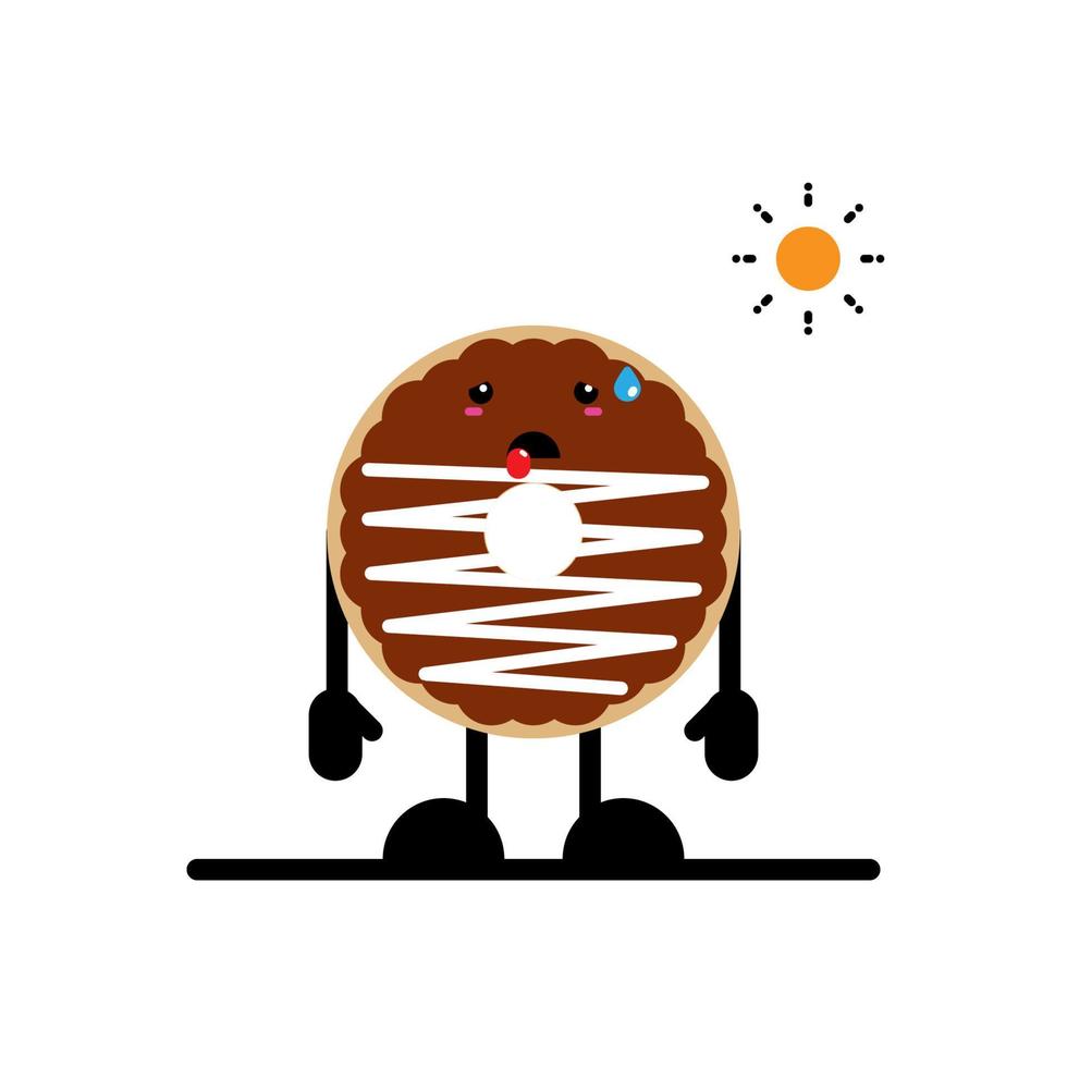 gráfico de ilustração vetorial de rosquinhas de chocolate fofos estão cansados do calor do sol, perfeito para personagens e logotipos de mascote. vetor