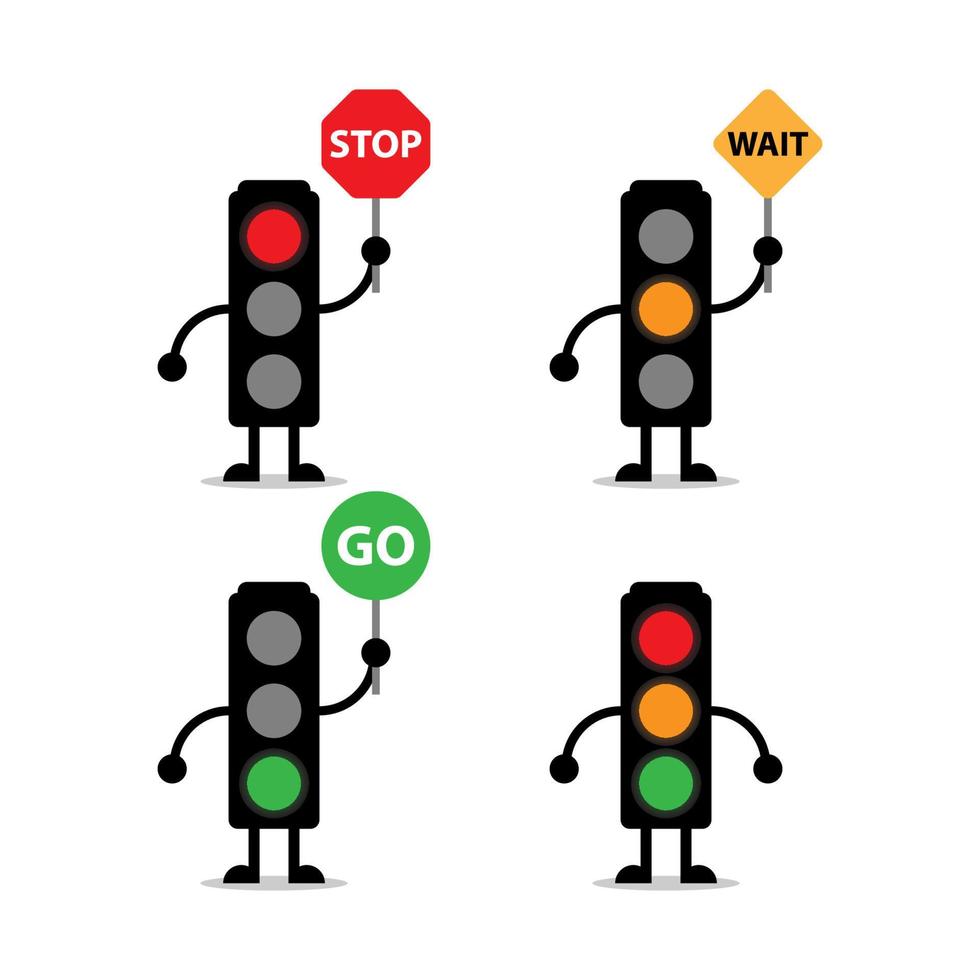 um conjunto de quatro mascotes de semáforos, com várias poses, perfeitos para ilustração, educação e logotipos vetor