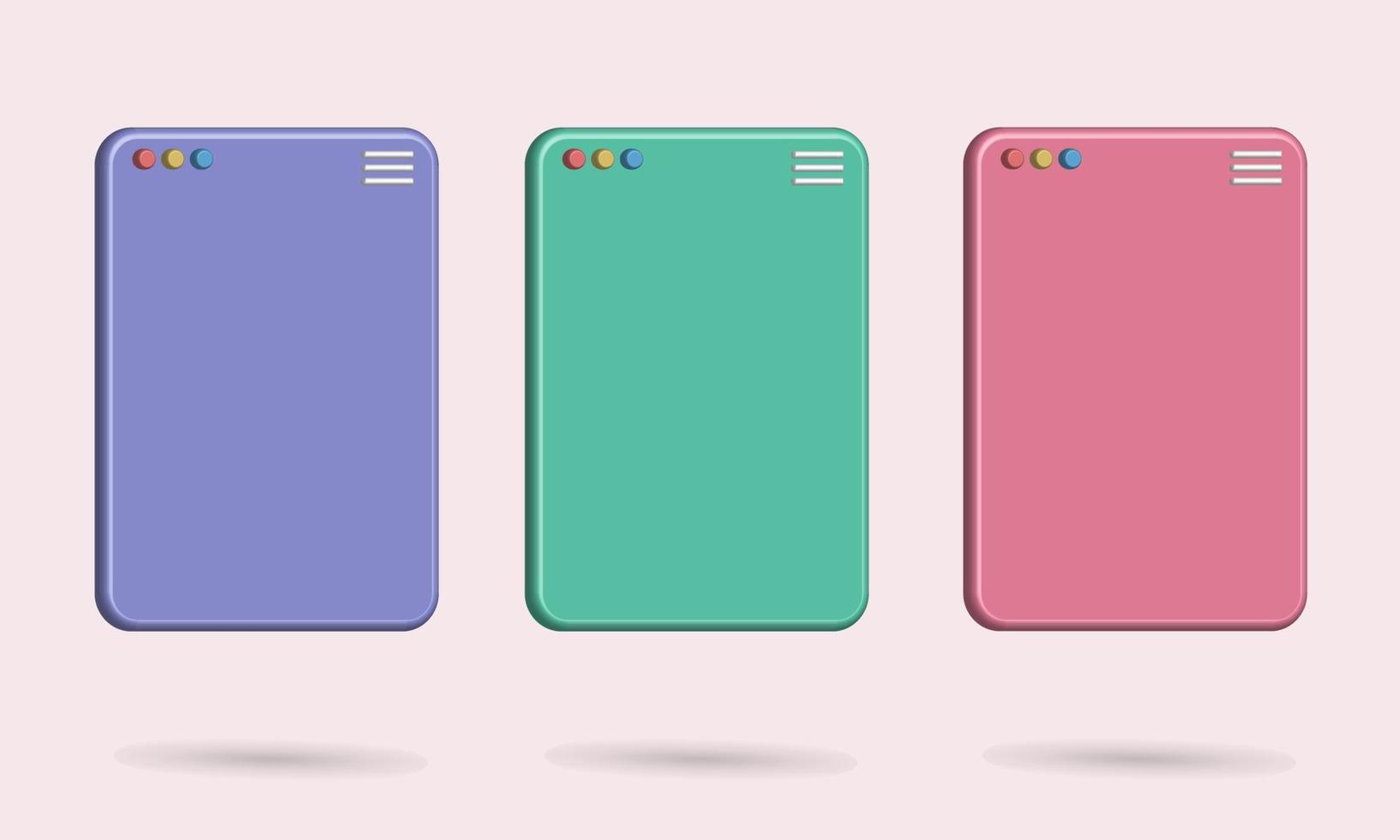 Tablet de pacote 3d com cores roxas, verdes e rosa, melhor para o seu smartphone de imagem de propriedade vetor