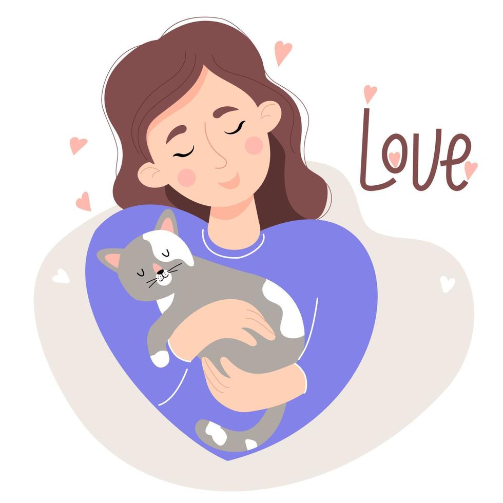 linda garota amor com gato dormindo. ilustração vetorial. conceito de amor por animais de estimação. bela personagem feminina em estilo simples para cartões postais, design e decoração, banners e anúncios vetor