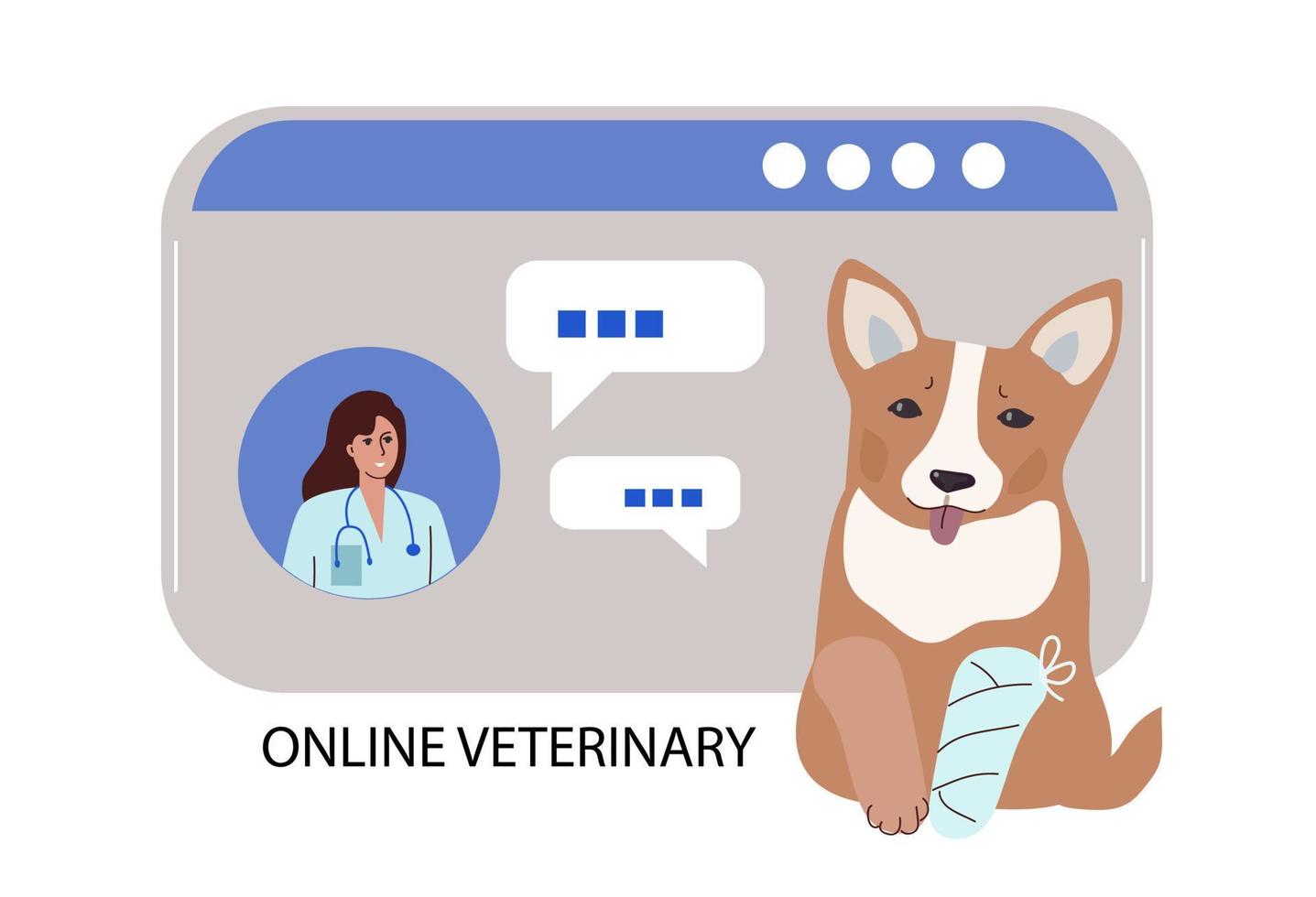 medicina veterinária online. médico de consulta na internet. serviço de saúde. ilustração vetorial dos desenhos animados vetor