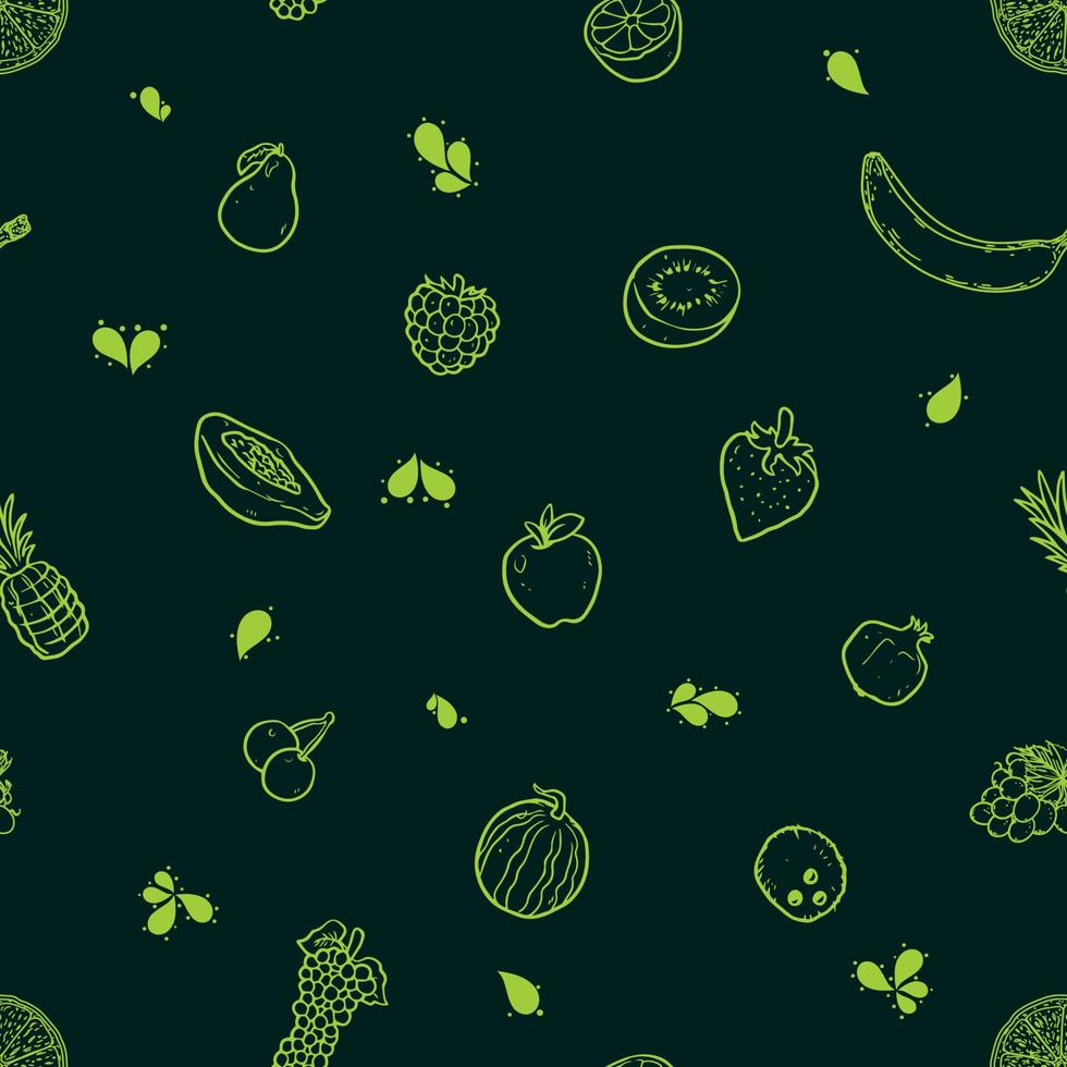 vegetais e frutas desenhados à mão sem costura em fundo verde escuro para camiseta, papel de parede, etc. vetor