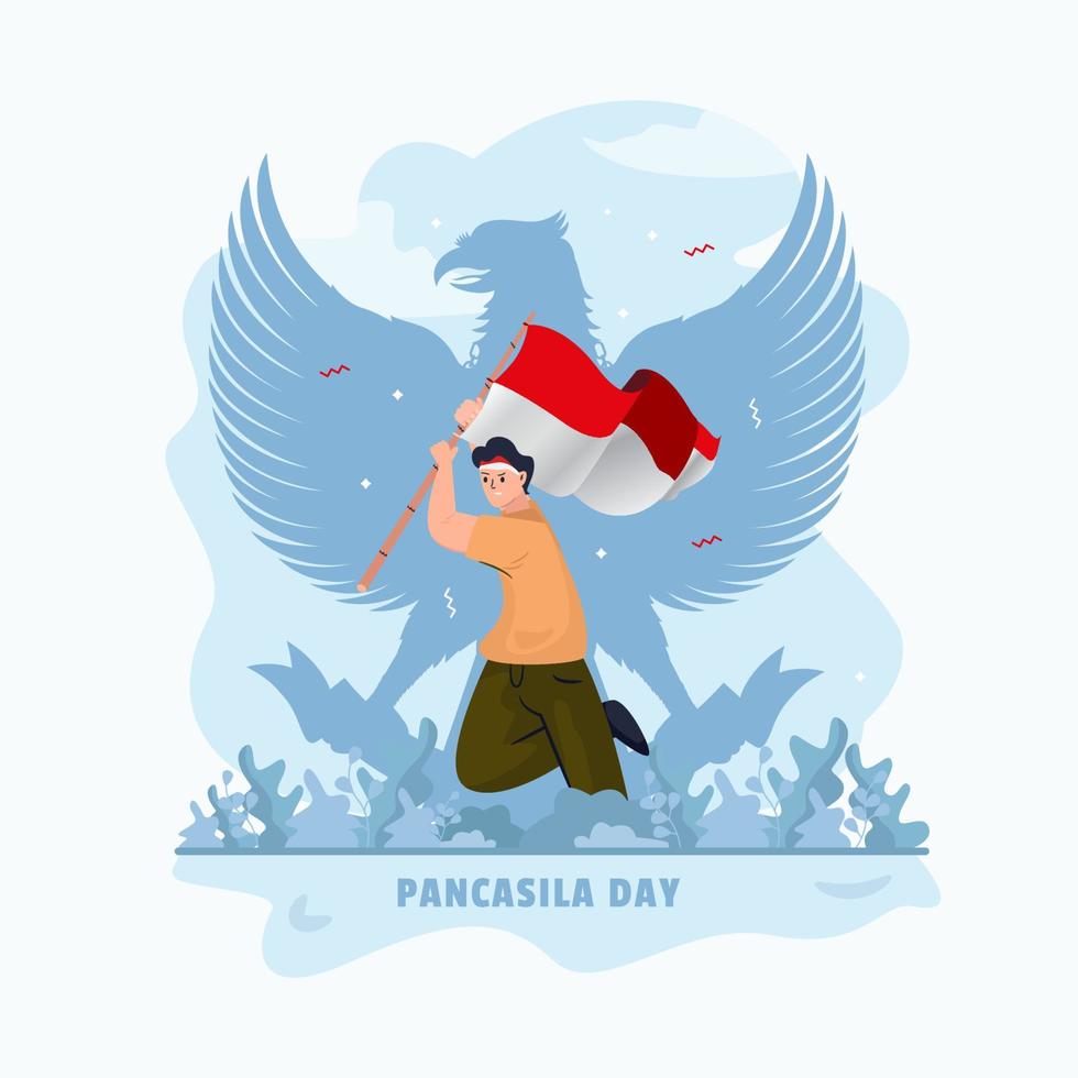 design plano um jovem com bandeira vermelha e branca para o dia da pancasila vetor