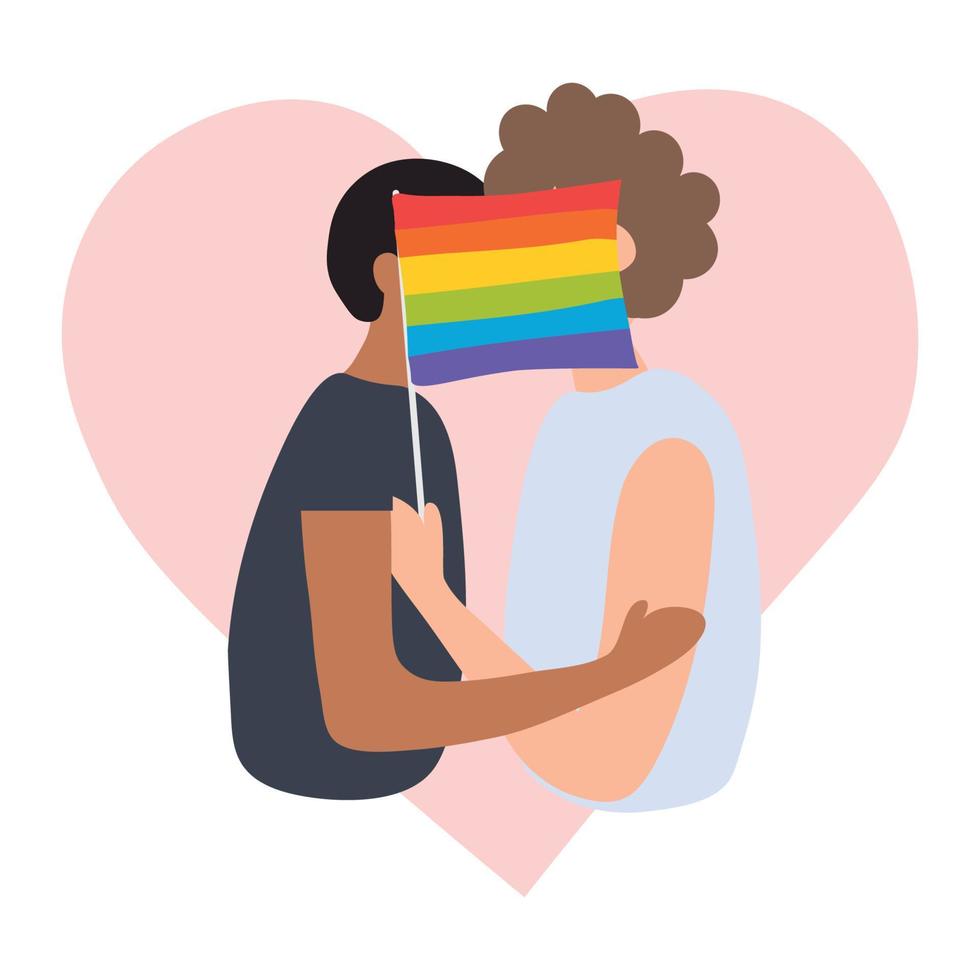 dois meninos se beijam por uma bandeira lgbt no coração rosa. pessoas homossexuais. ilustração vetorial isolada no fundo branco. vetor