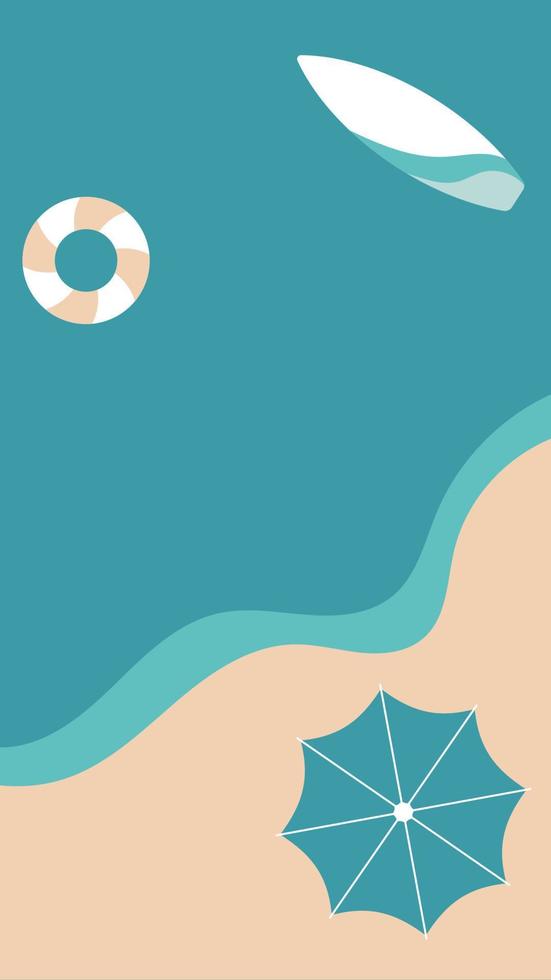 cartaz vetorial com mar, praia, prancha de surf, bóia salva-vidas, bola e guarda-sol vetor