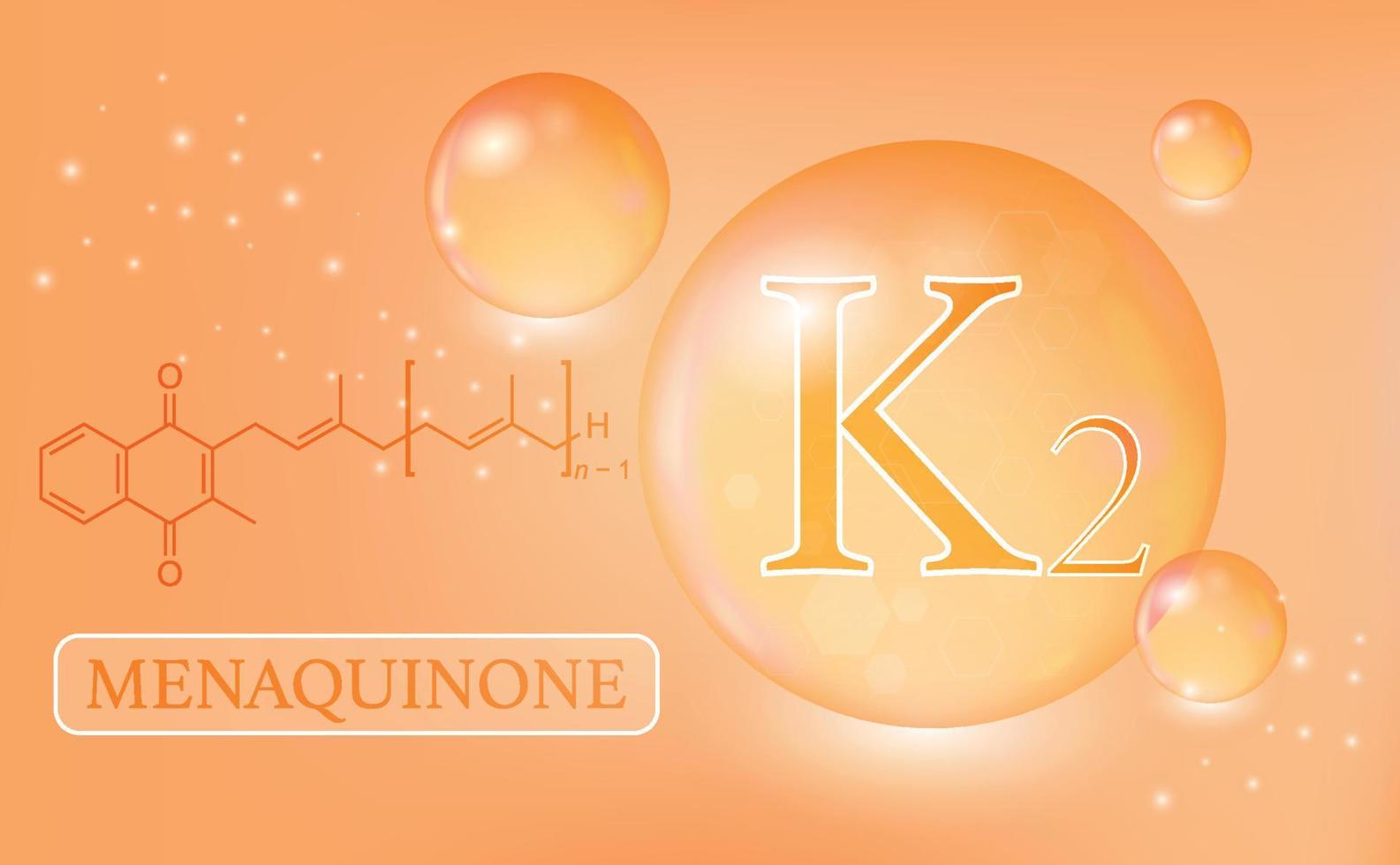 vitamina, k2, menaquinona, gotas de água, cápsula em um fundo amarelo gradiente. complexo vitamínico com fórmula química. cartaz médico de informações. ilustração vetorial vetor