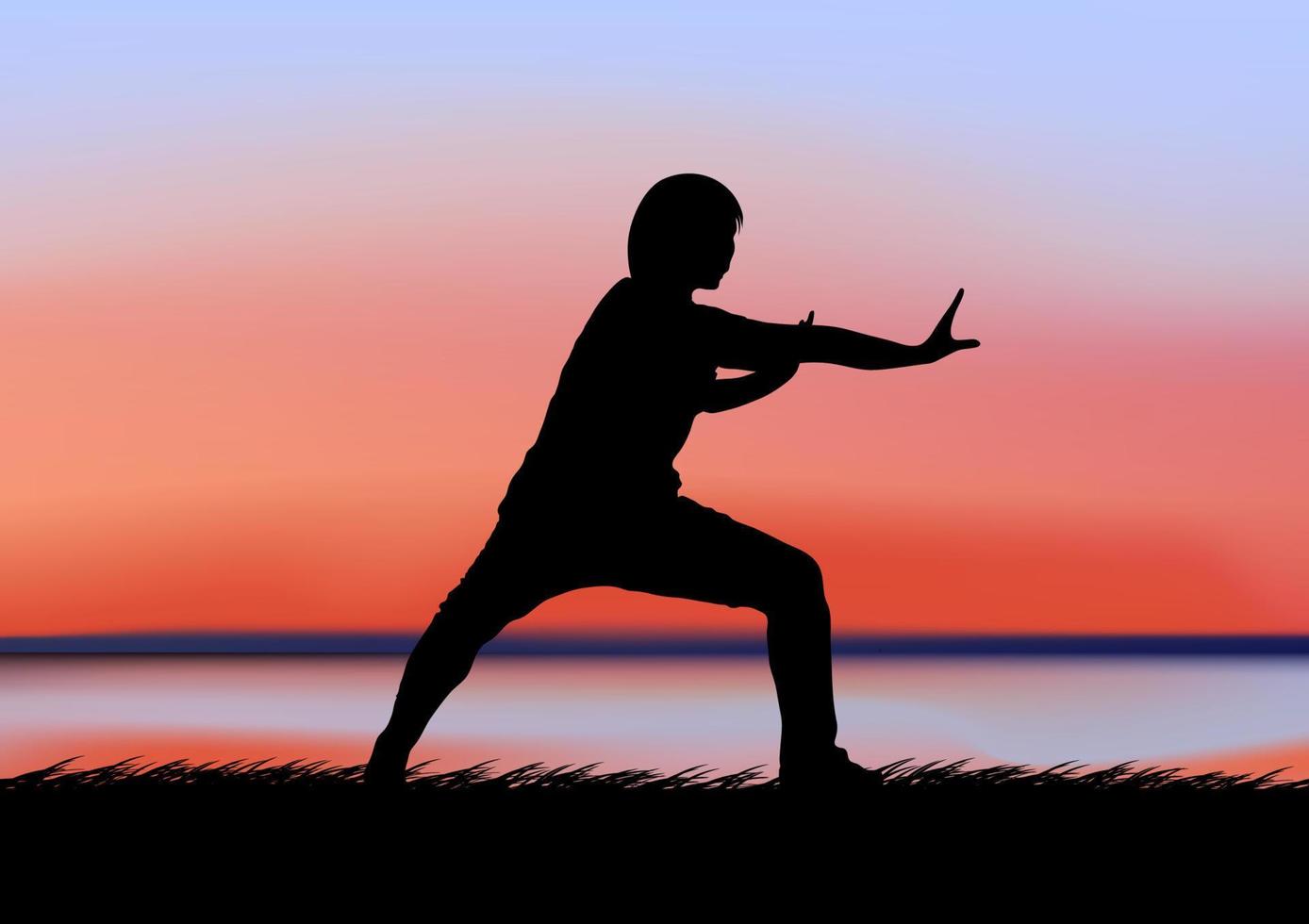 imagem gráfica desenho tai chi com vista de paisagem ao ar livre no reservatório e silhueta crepuscular do exercício de conceito de pôr do sol para a saúde vetor