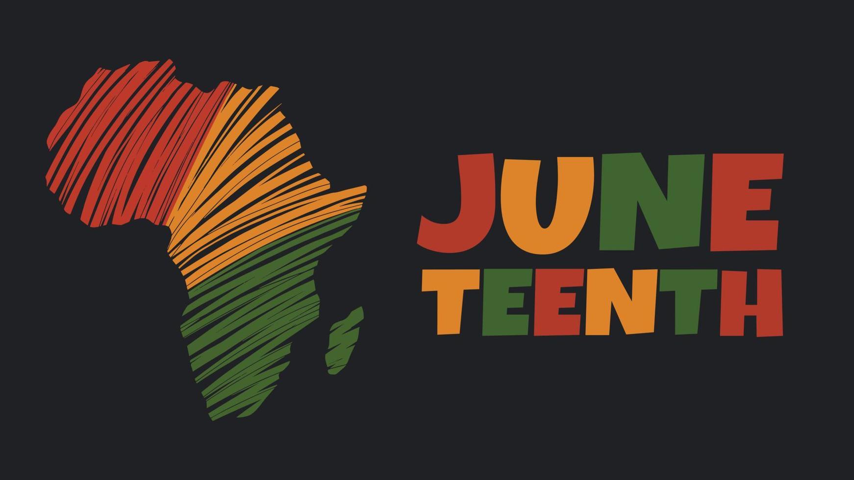 vector banner juneteenth - celebração do fim da escravidão nos eua, dia da liberdade de emancipação afro-americana. continente africano em rabisco vermelho, verde e amarelo sobre fundo preto