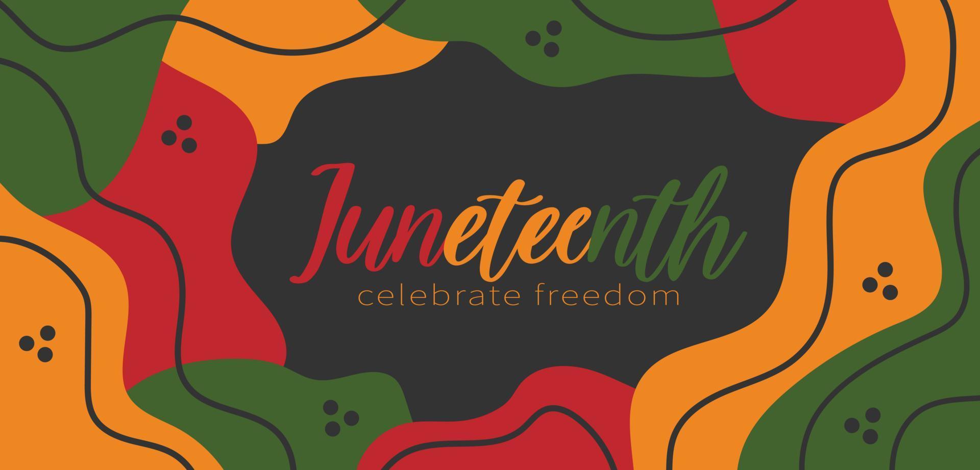 design de banner horizontal abstrato de junho com formas orgânicas aleatórias de verde amarelo vermelho brilhante, borda de linhas. modelo de vetor para o dia da liberdade de juneteenth com logotipo de texto. celebração nos EUA.