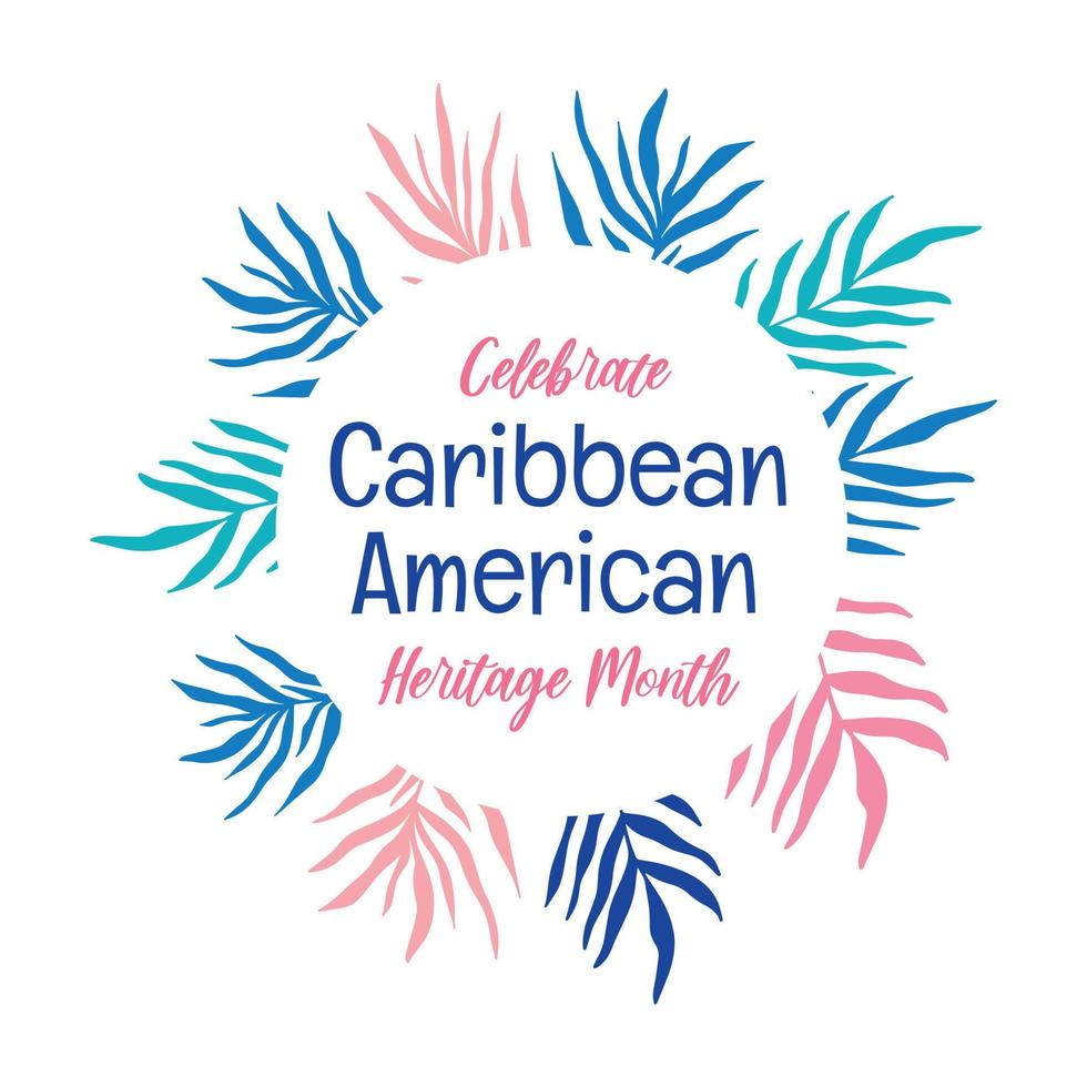 mês do patrimônio americano do caribe - celebração nos eua. design de modelo de banner de verão colorido brilhante, moldura redonda com silhueta de folhagem de folhas de palmeira vetor