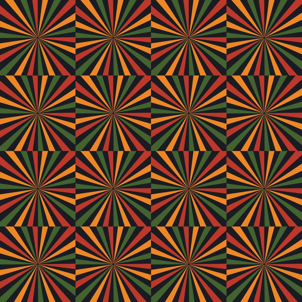 padrão abstrato vetorial com quadrados com linhas de explosão estelar na cor da bandeira pan-africana - vermelho, amarelo, preto, vermelho. design de plano de fundo para o mês de juneteenth, kwanzaa, história negra. impressão de repetição simples vetor