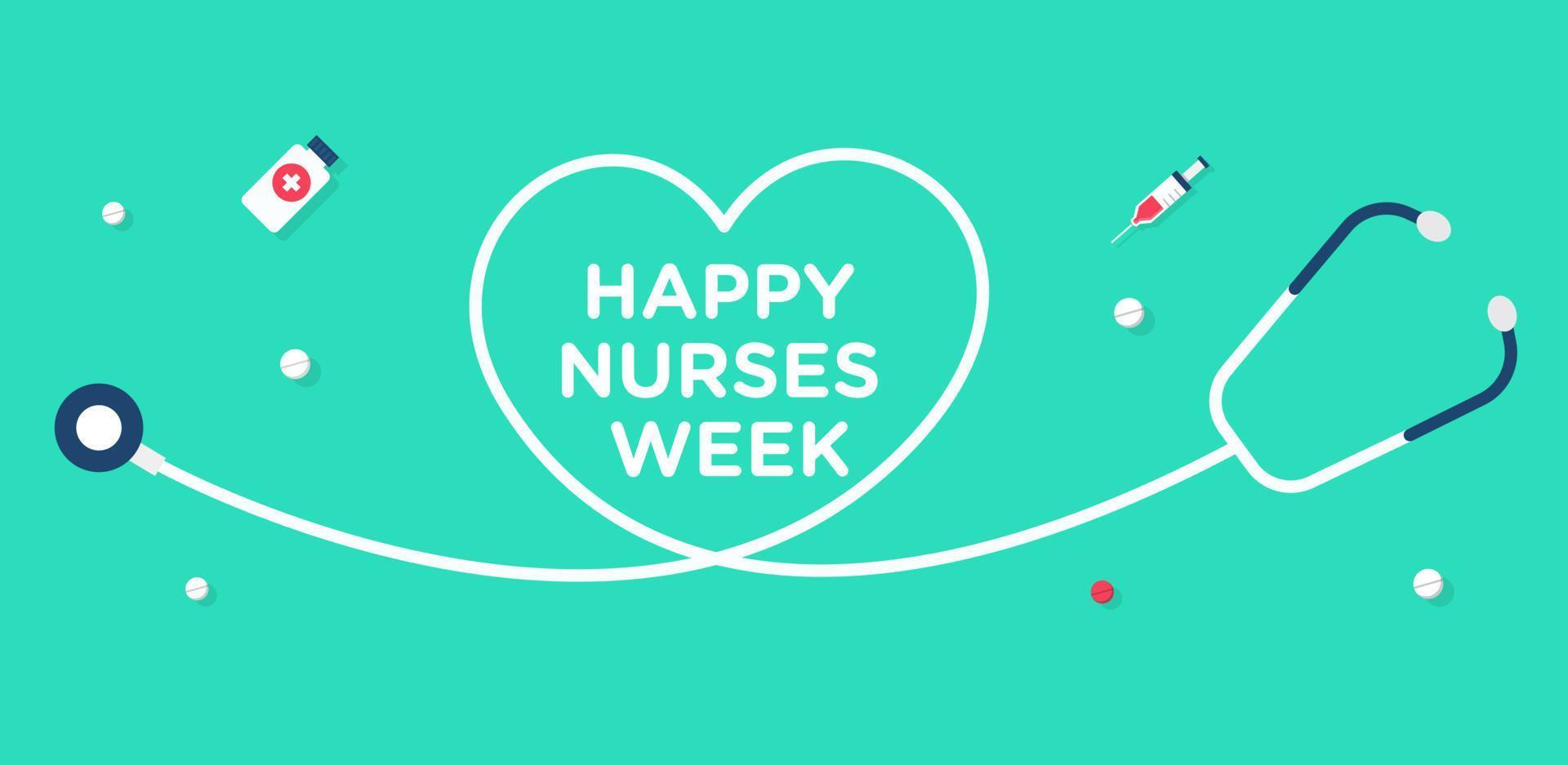 feliz semana de enfermeiras com vetor de estetoscópio cardíaco com ilustração vetorial de fundo de cor turquesa