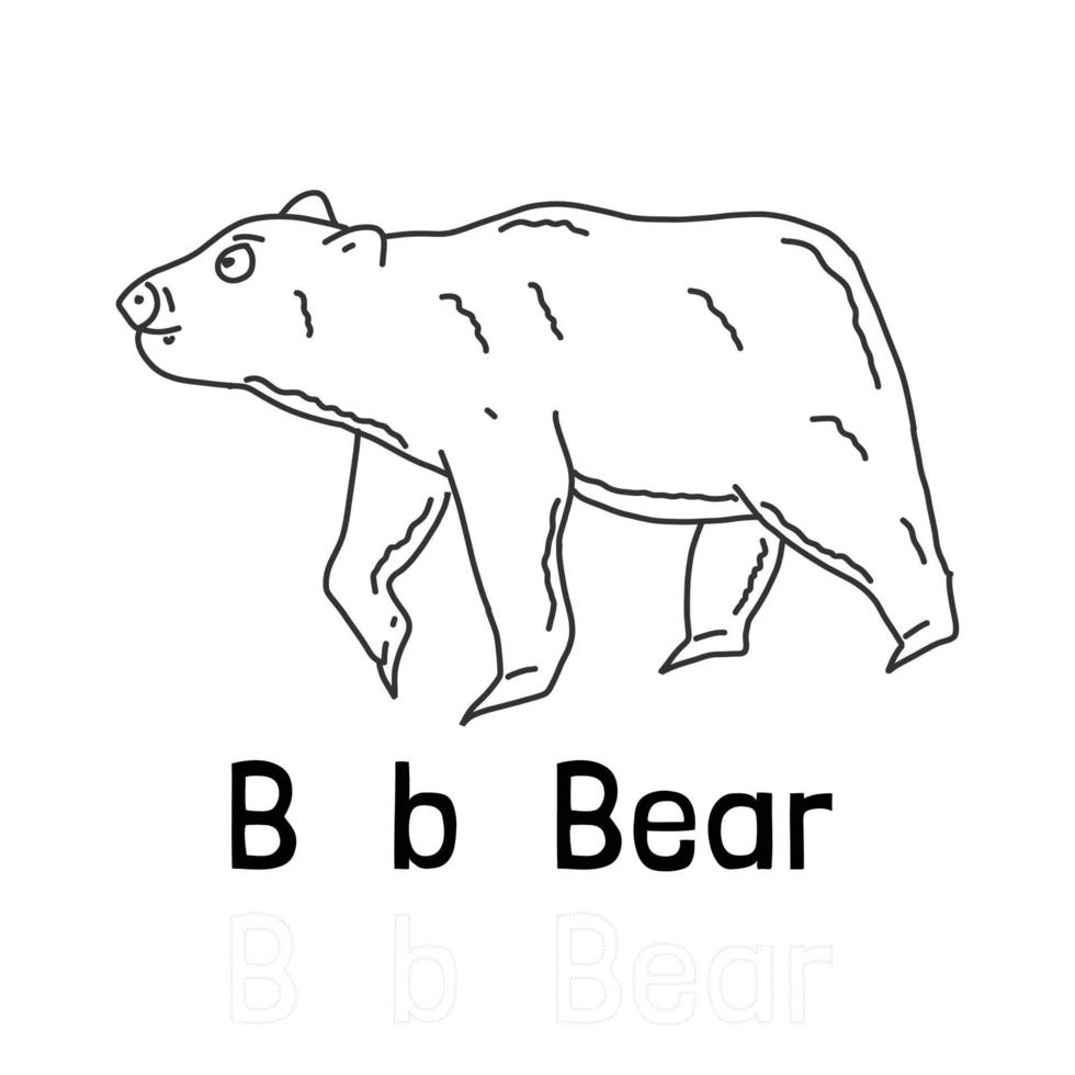 letra do alfabeto b para página de coloração de urso, ilustração de animais para colorir vetor