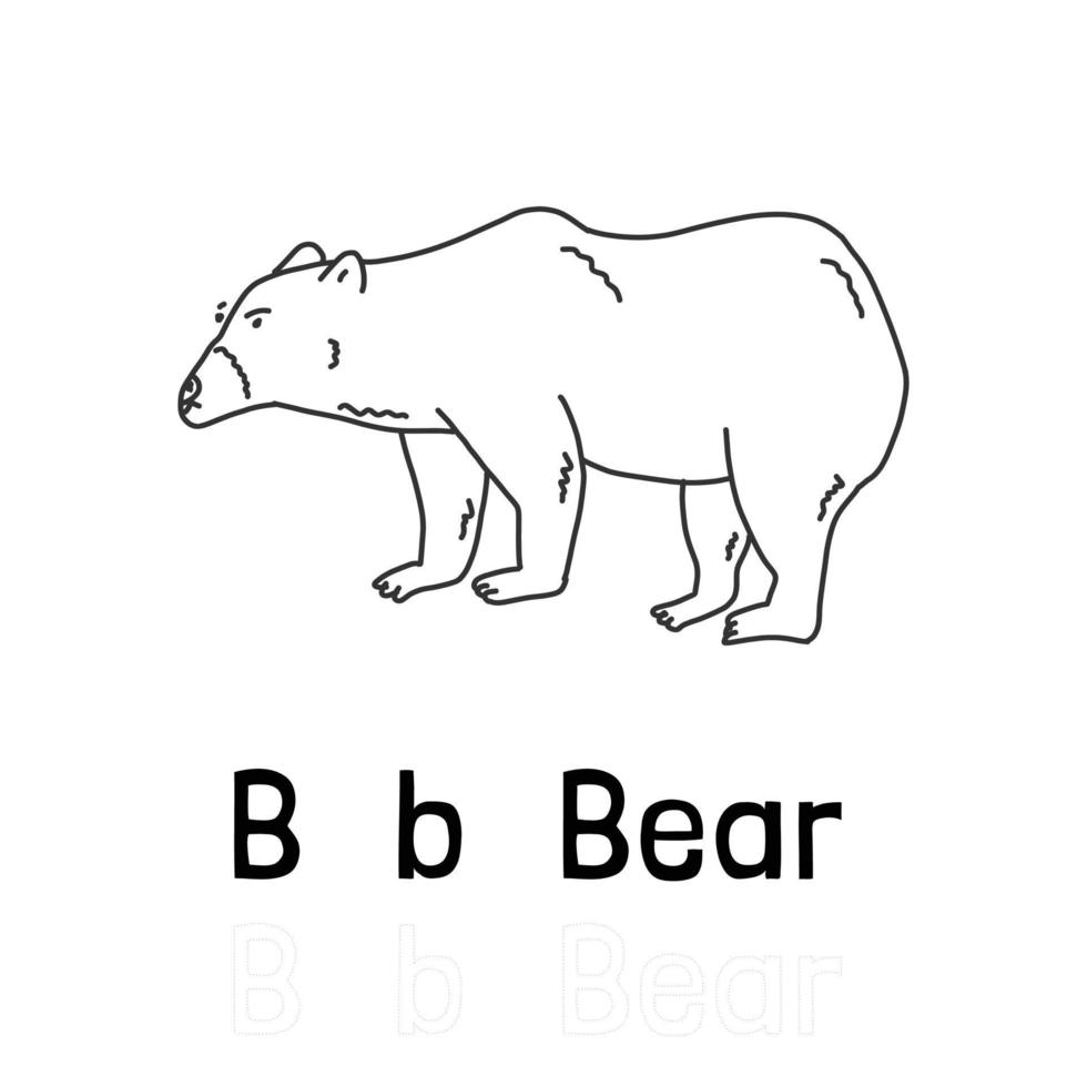 letra do alfabeto b para página de coloração de urso, ilustração de animais para colorir vetor