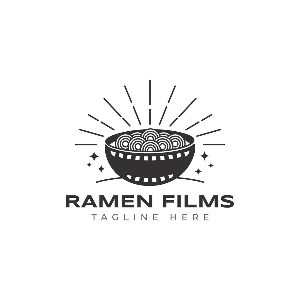 modelo de ilustração de ícone de vetor de logotipo de cinema de filme de tigela de macarrão ramen isolado no fundo branco