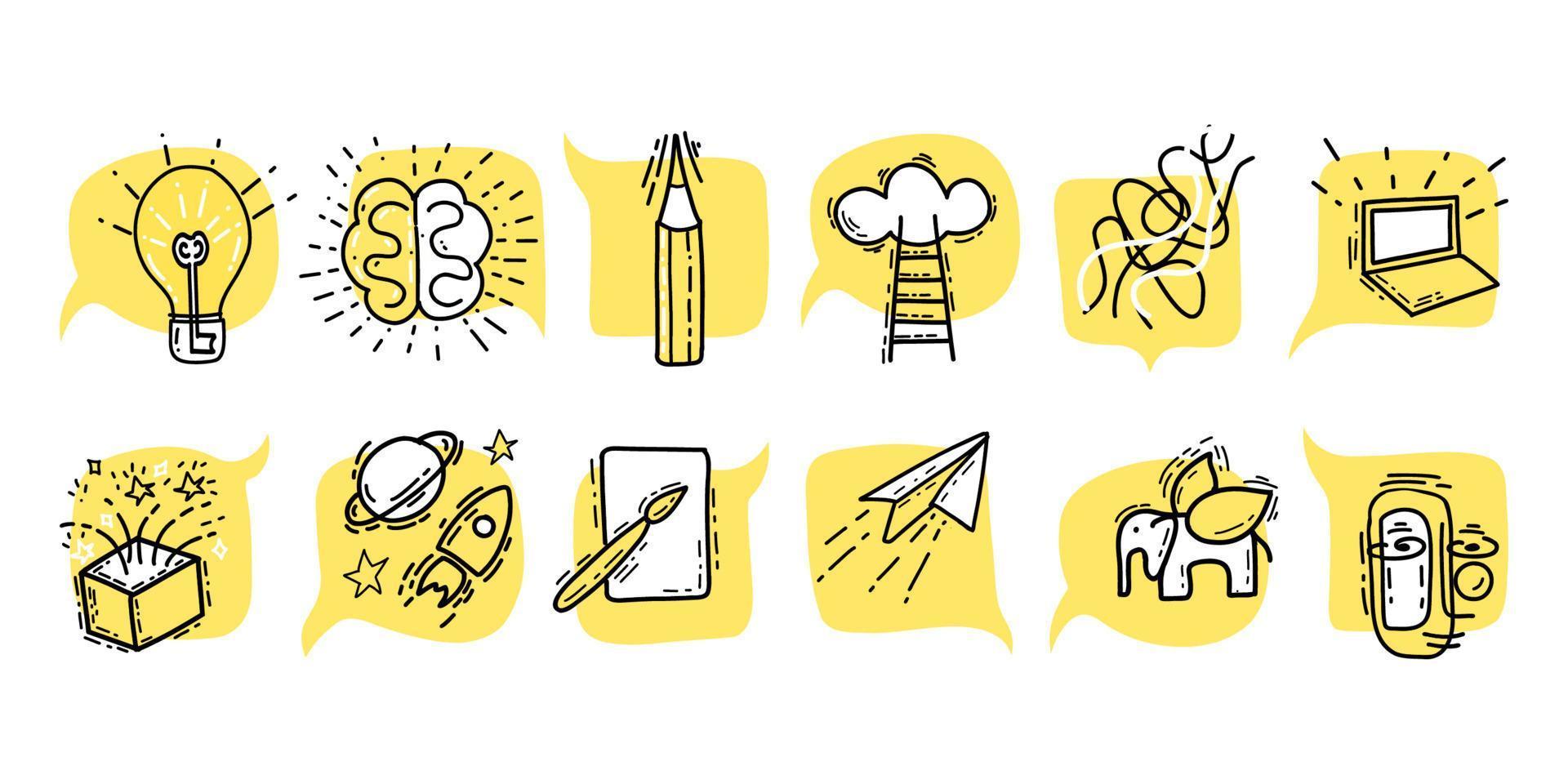 definir o estilo de doodle de símbolo criativo de ilustração conceitual pictogramas na cor amarela. vetor