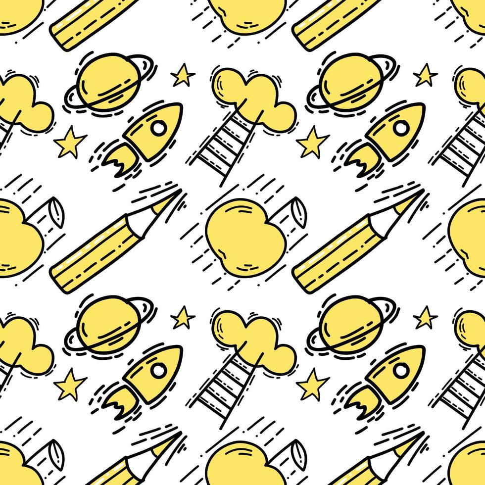 padrão sem emenda com foguete espacial ilustração, lápis, maçã uma cor amarela preta estilo doodle sobre fundo branco. vetor