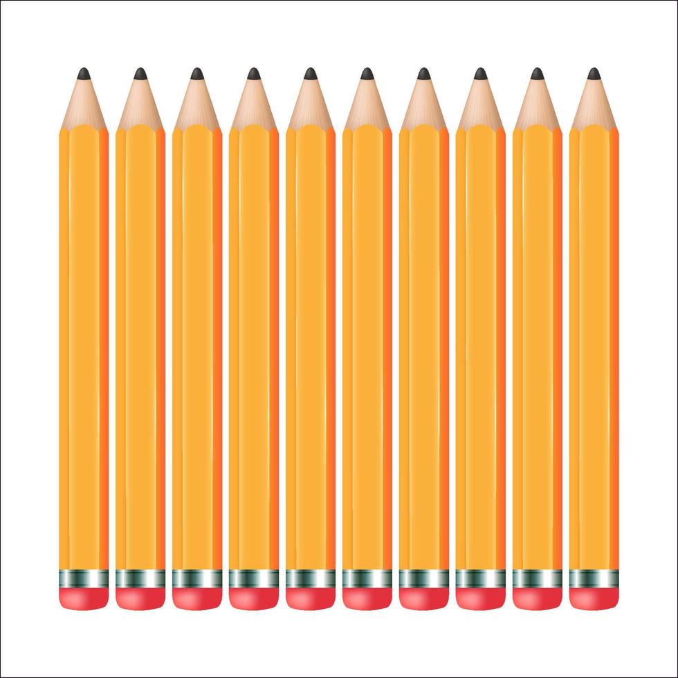 10 lápis amarelos semelhantes com borracha. papelaria. Isolado no fundo branco. ilustração vetorial. vetor