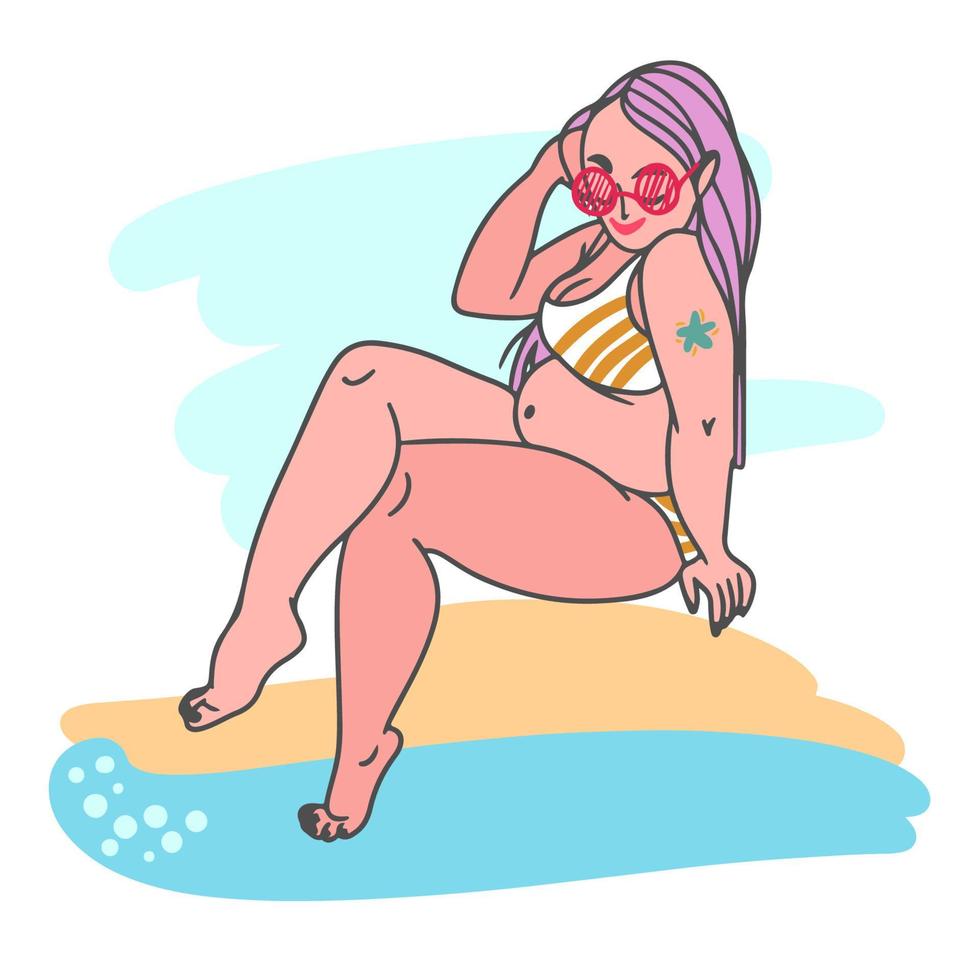 uma garota com uma figura completa está descansando na praia vetor